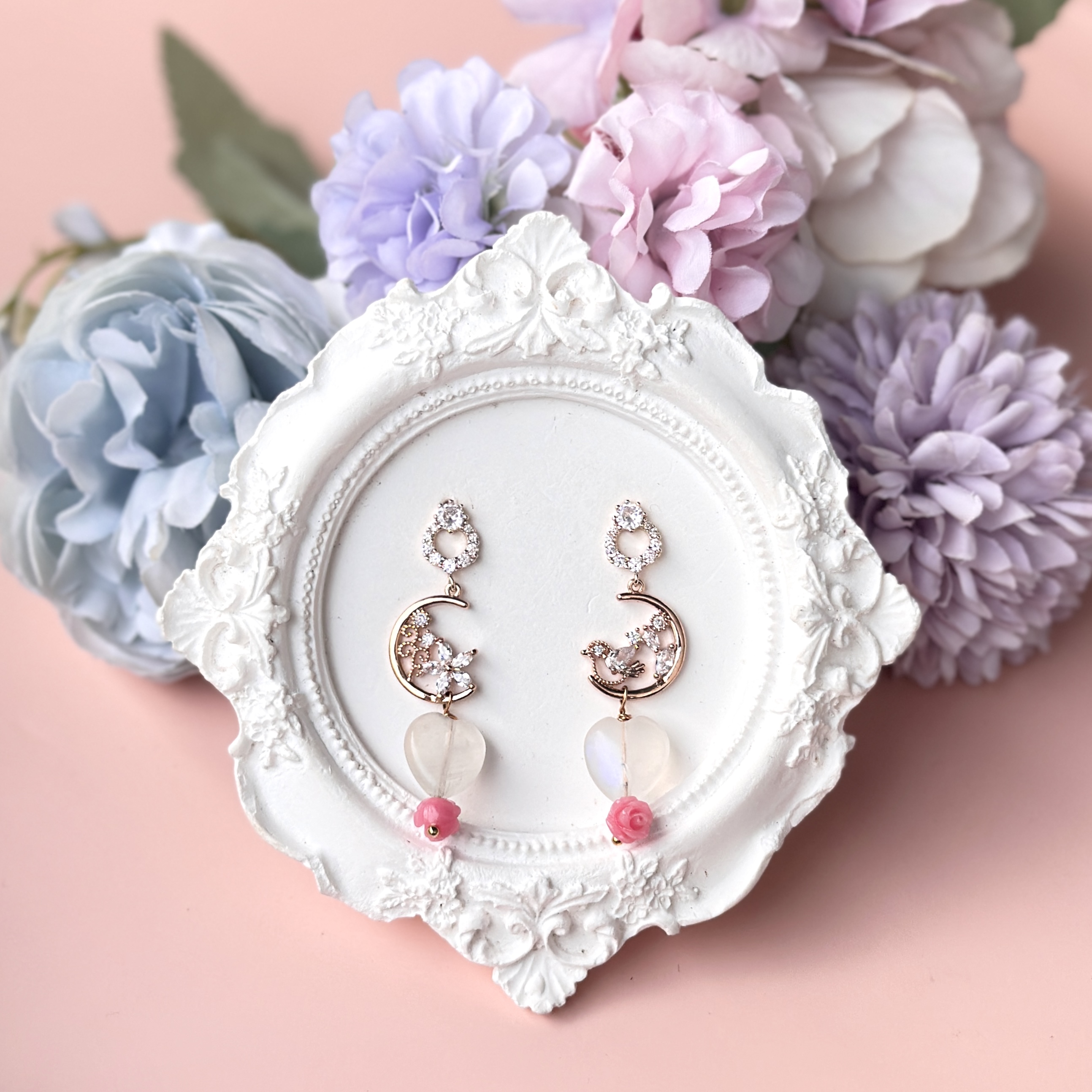 Blue Sheen Moonstone Heart with Mini Rose Carving and Sparkle Studs