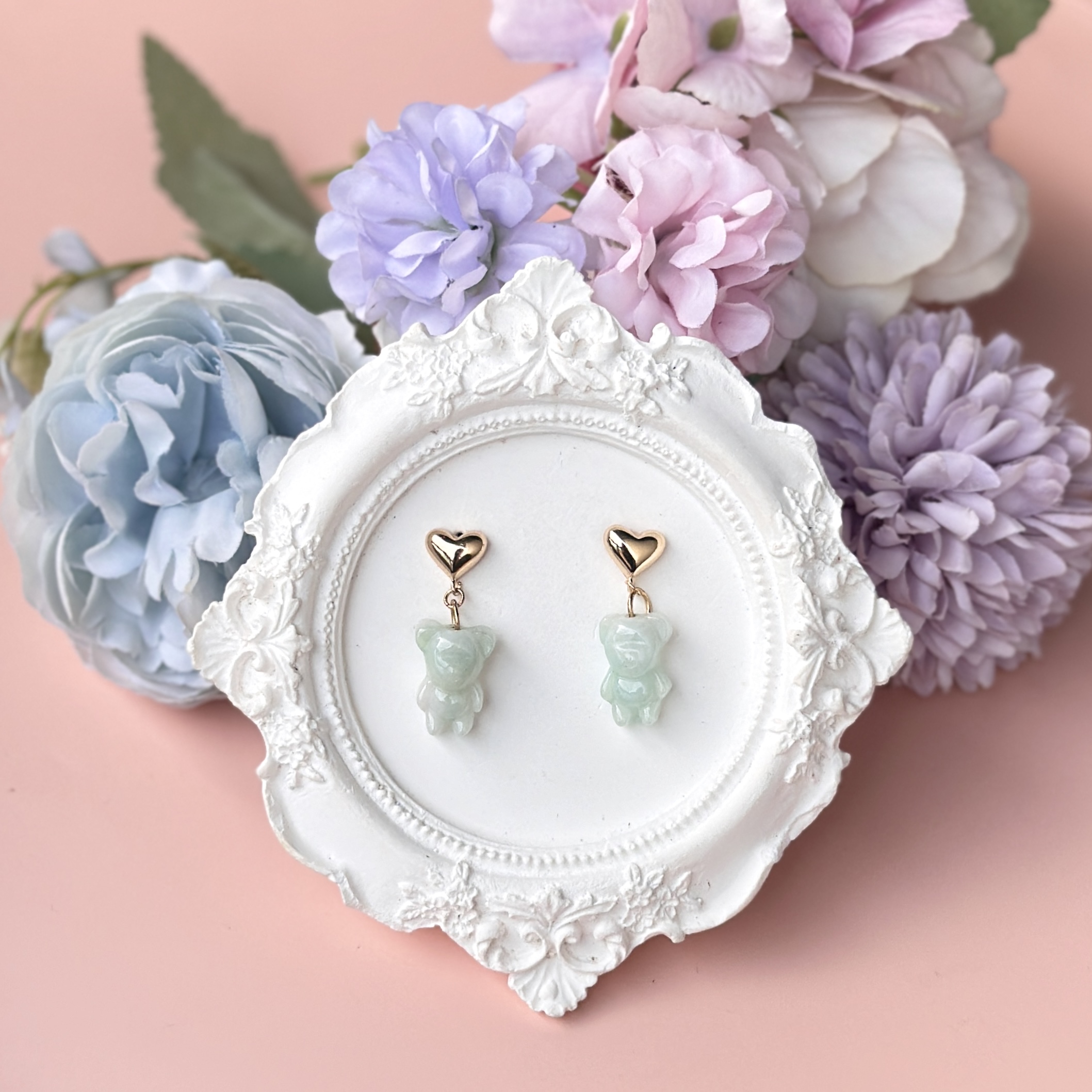 Jade Bear with Gold Heart Studs 