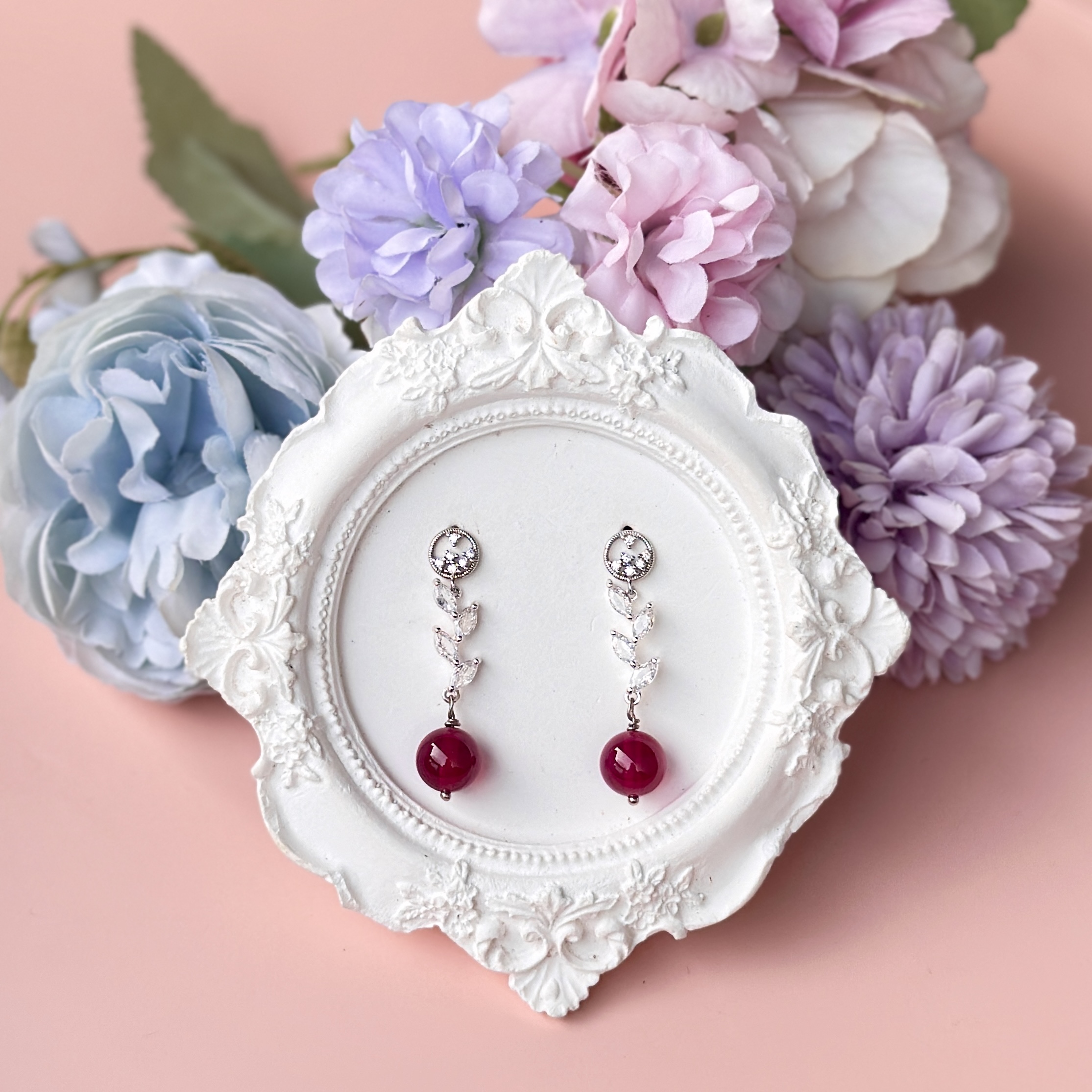 Starlight Ruby Silver Leaves Earring