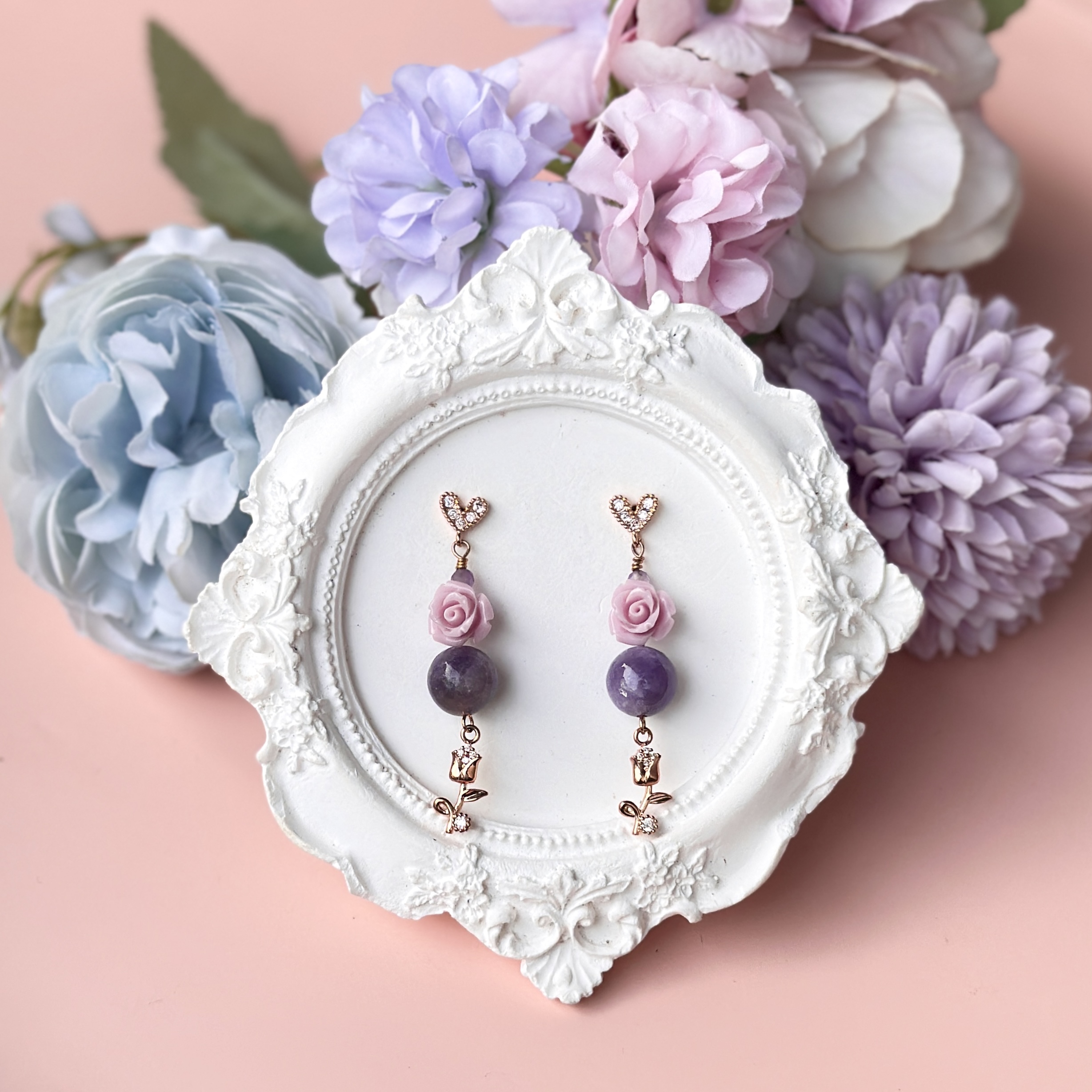 Plum Tourmaline with Gold Heart Studs 