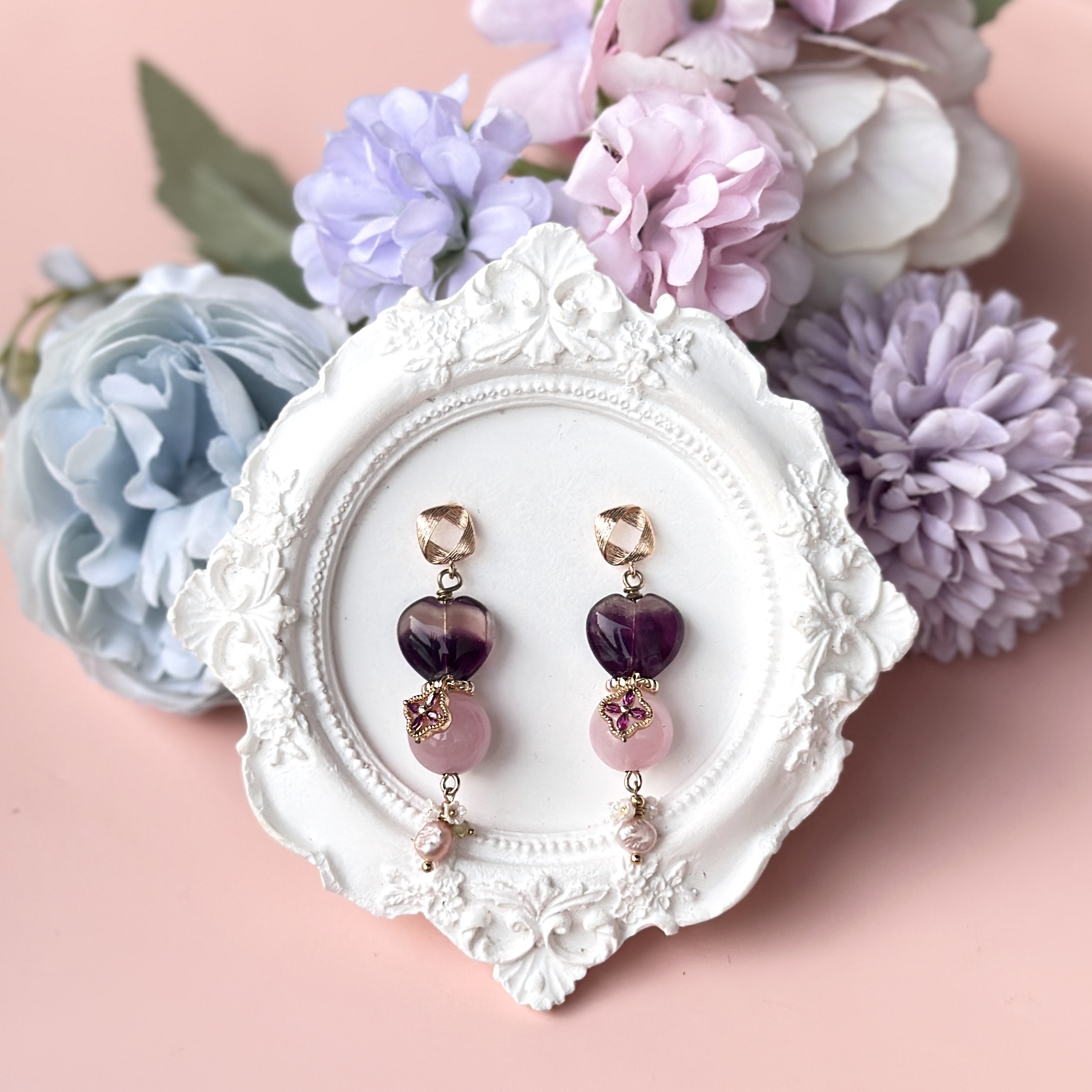 Purple Fluorite Heart and Rose Quartz and Pink Freshwater Pearl Earrings