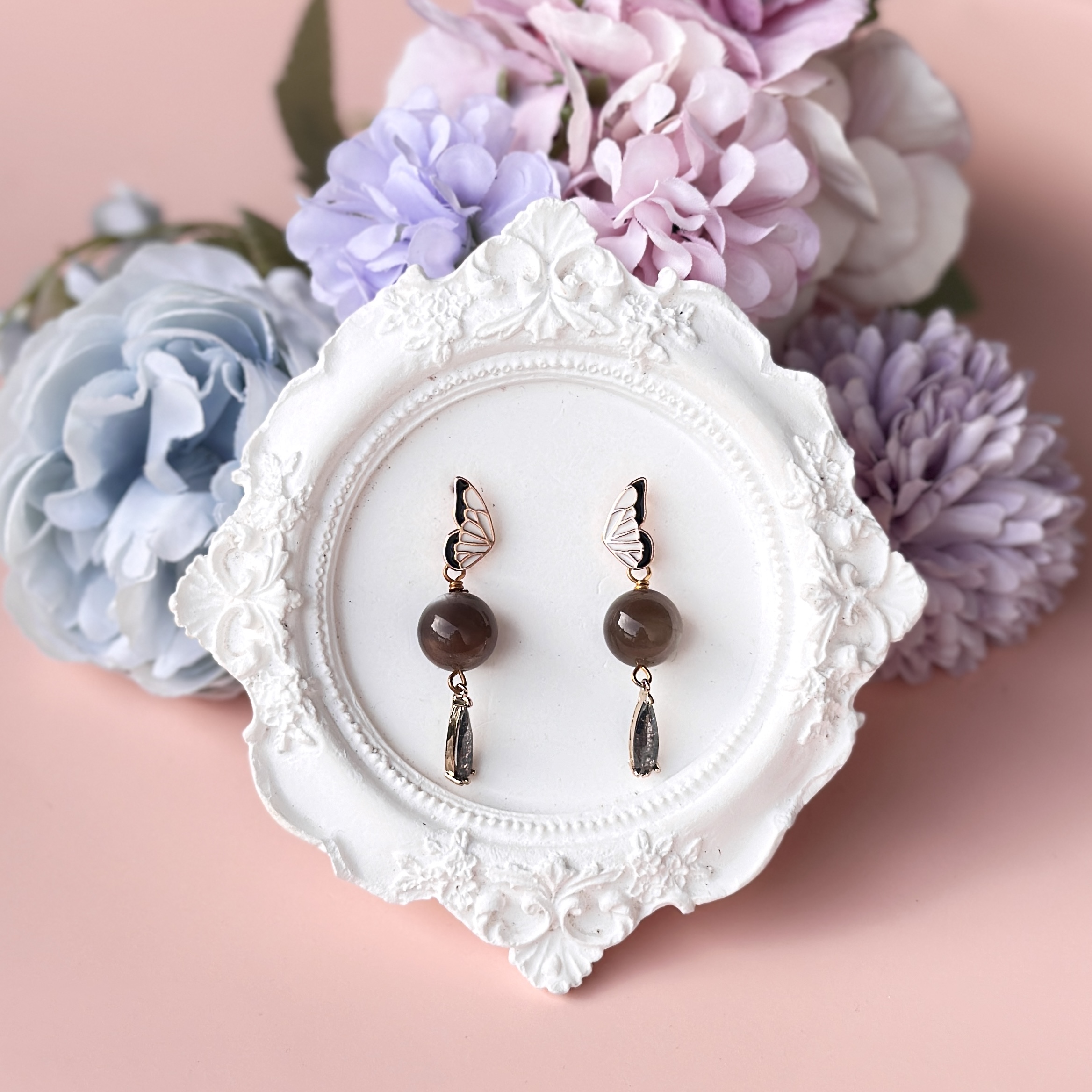Grey Moonstone with Butterfly Stud Earring
