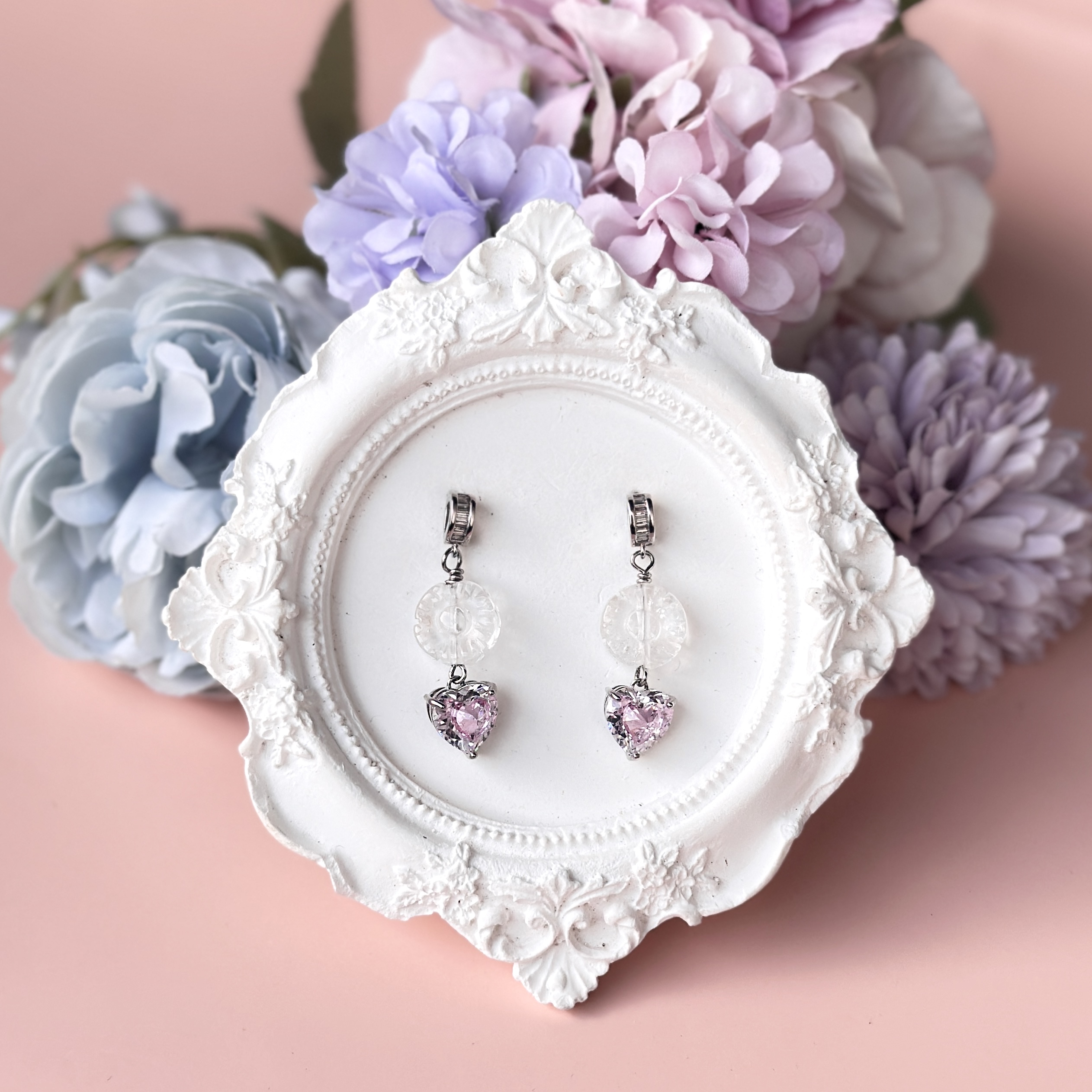 Clear Quartz Flower with Pink Heart Sparkle Earring