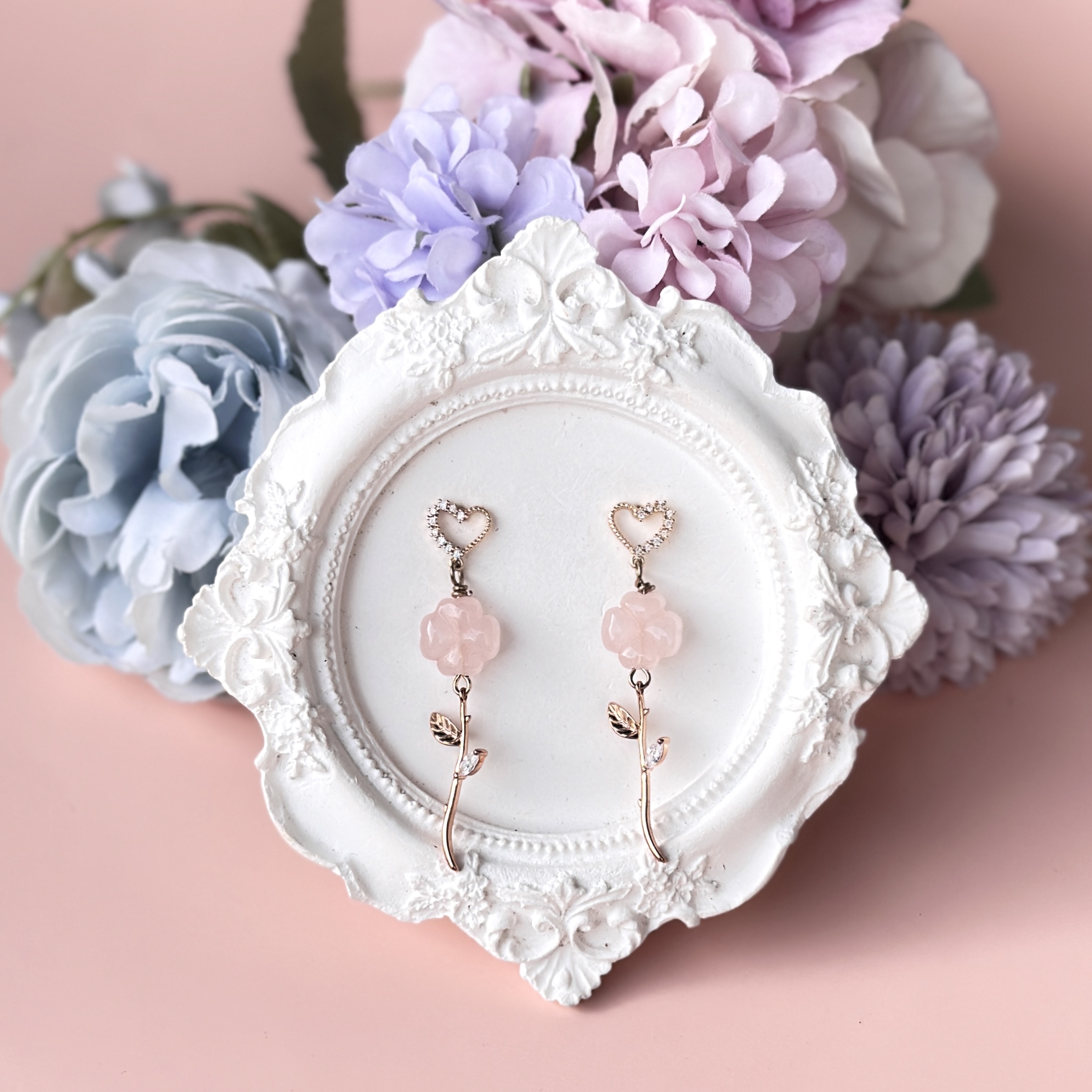 Rose Quartz Clover with Gold Heart and Stem Earring