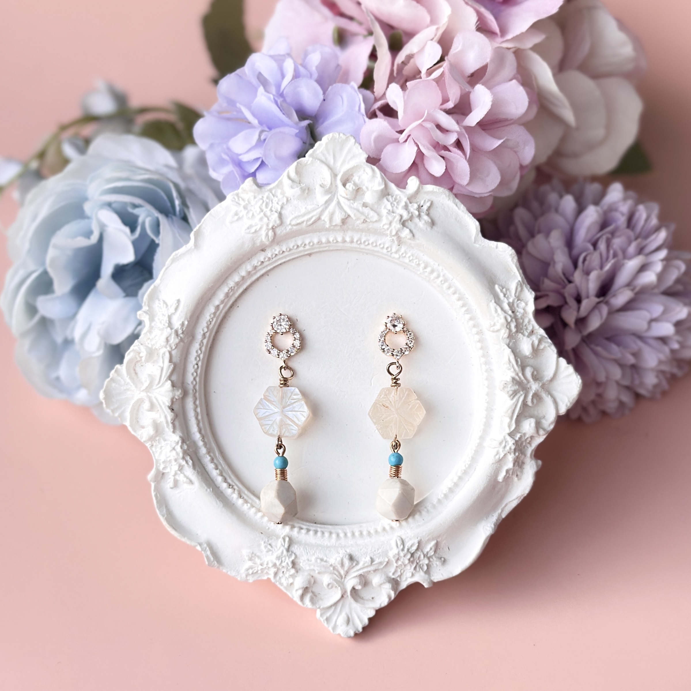 Blue Sheen Moonstone Snowflake with Howlite Earring