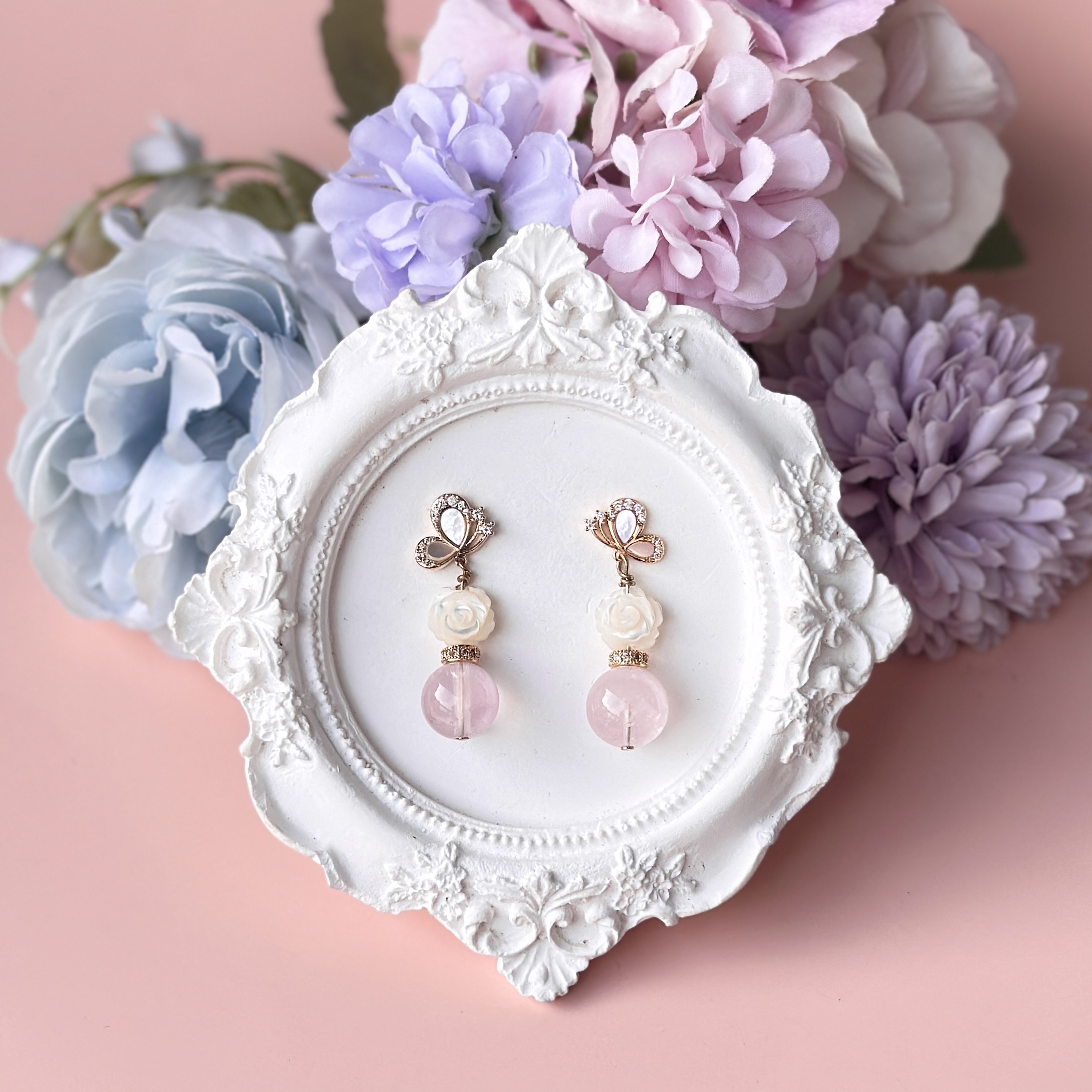 Shell Pearl Flower with Madagascar Rose Quartz Crystal Butterfly Earrings