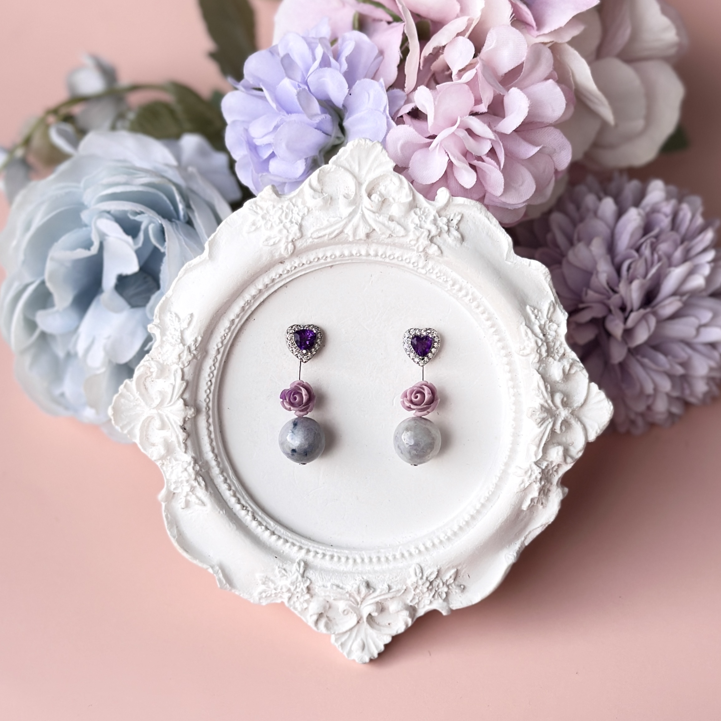 Plum Tourmaline with Silver Heart Studs 