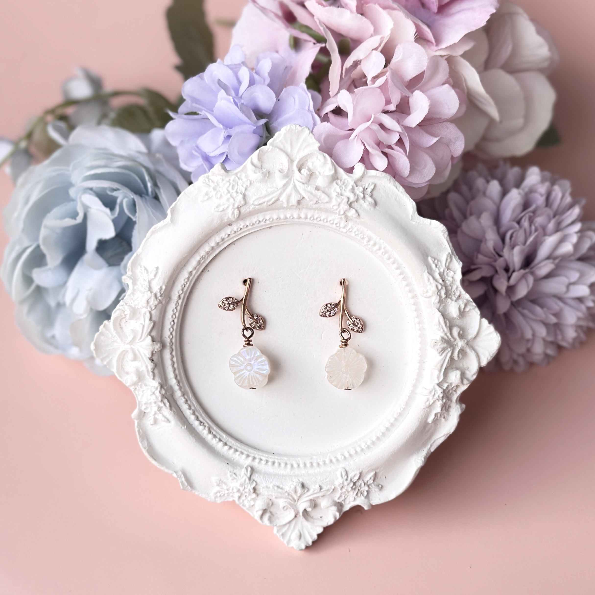 Blue Sheen Moonstone Flower with Gold Leaves Studs Earring