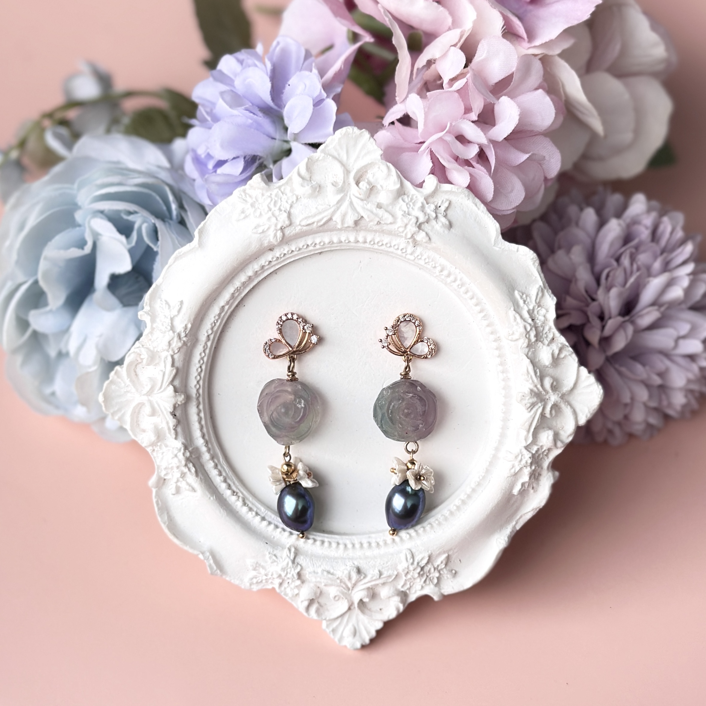 Fluorite Flower with Baroque Pearl and Shell Pearl Butterfly Earring