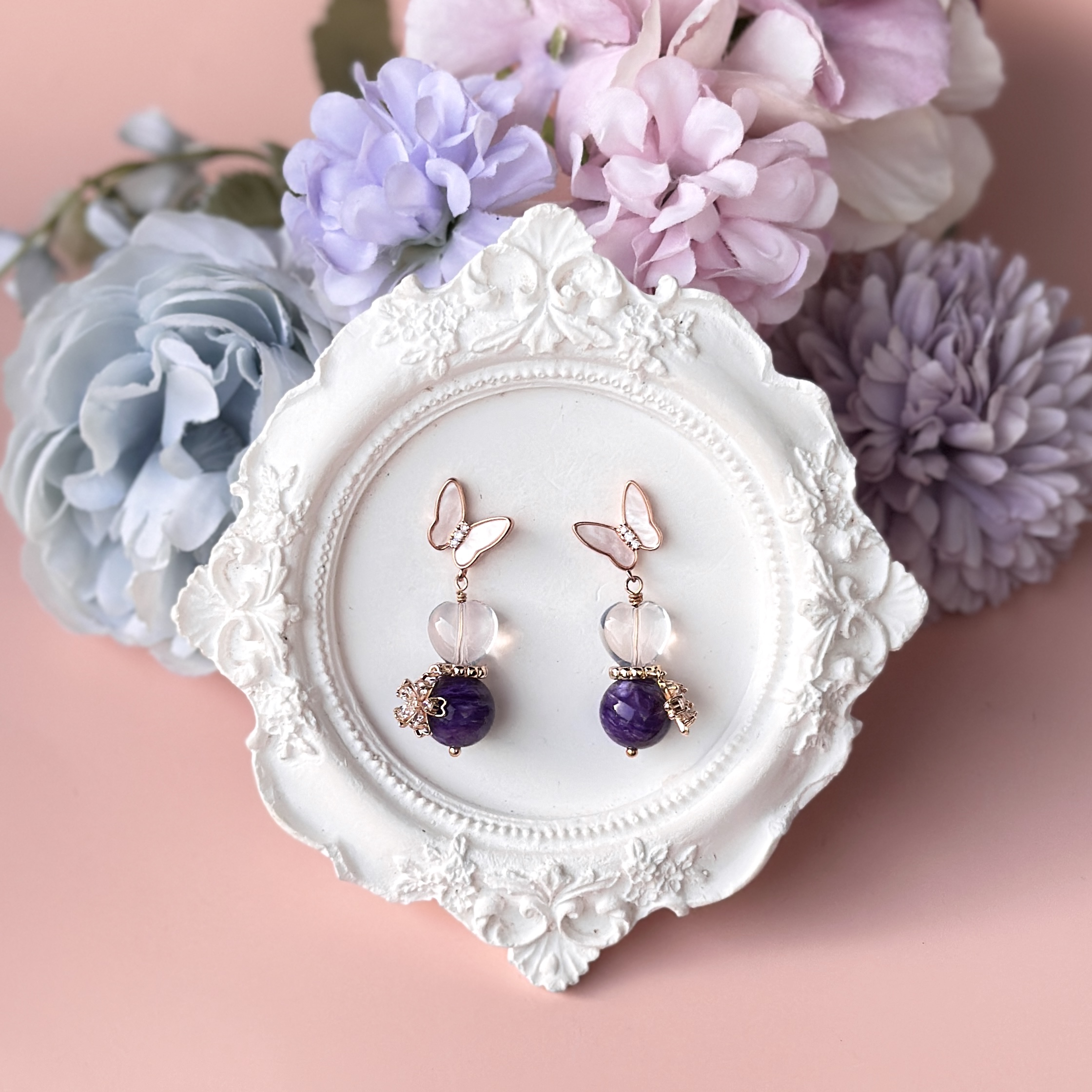 Lavender Moon Quartz with Charoite and Butterfly Studs
