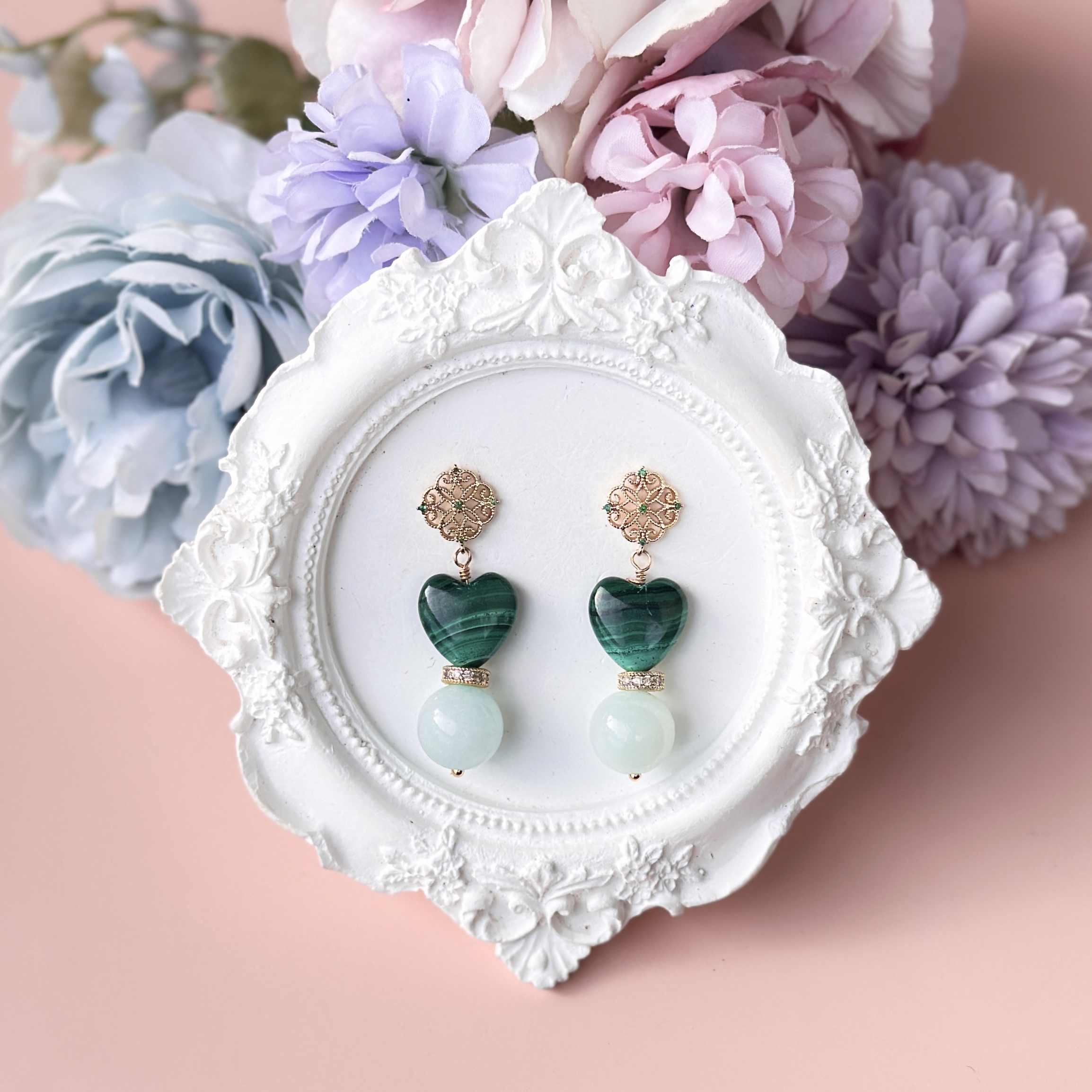 Malachite Heart with Angelite Earring
