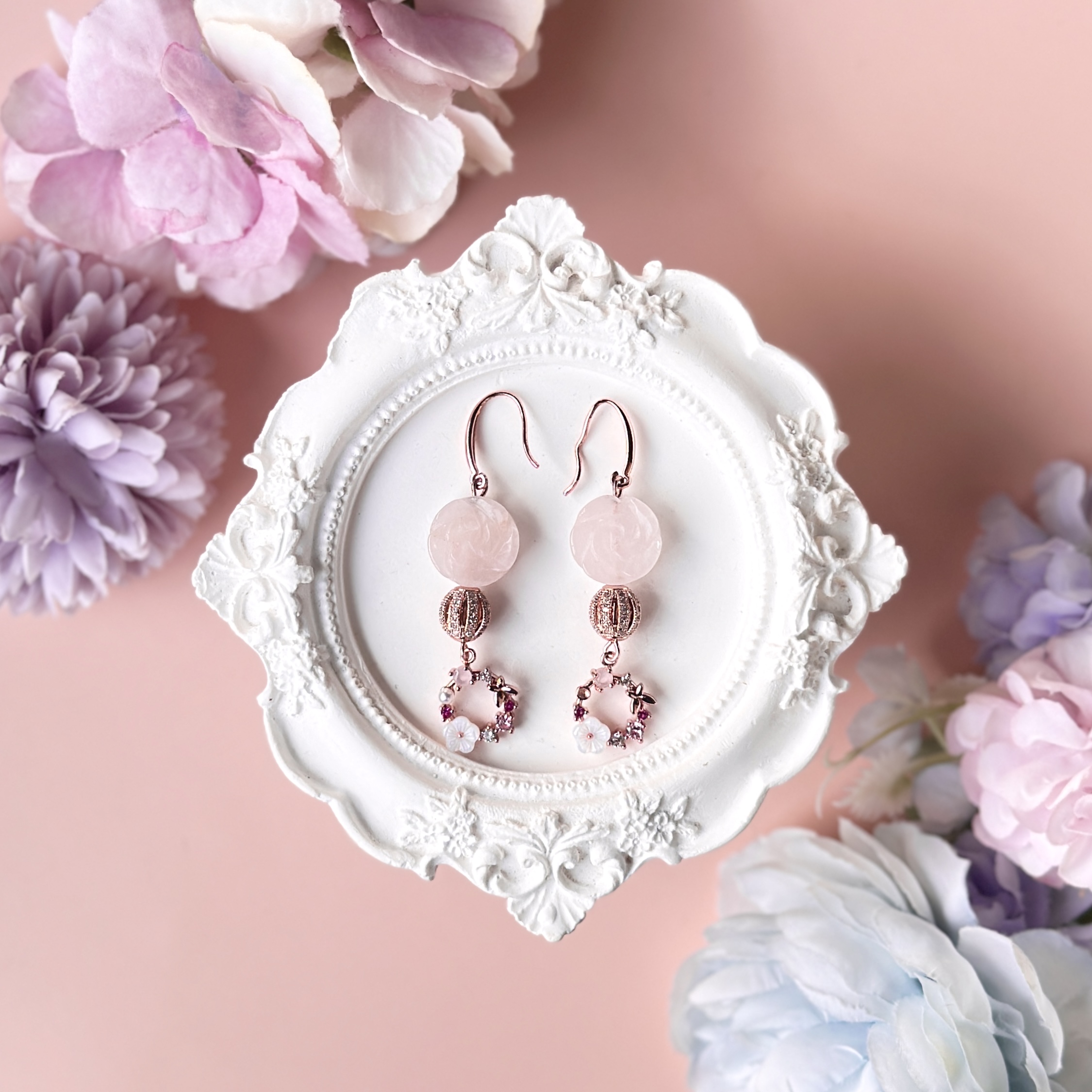Rose Quartz Rose with Flower Wreath Earring