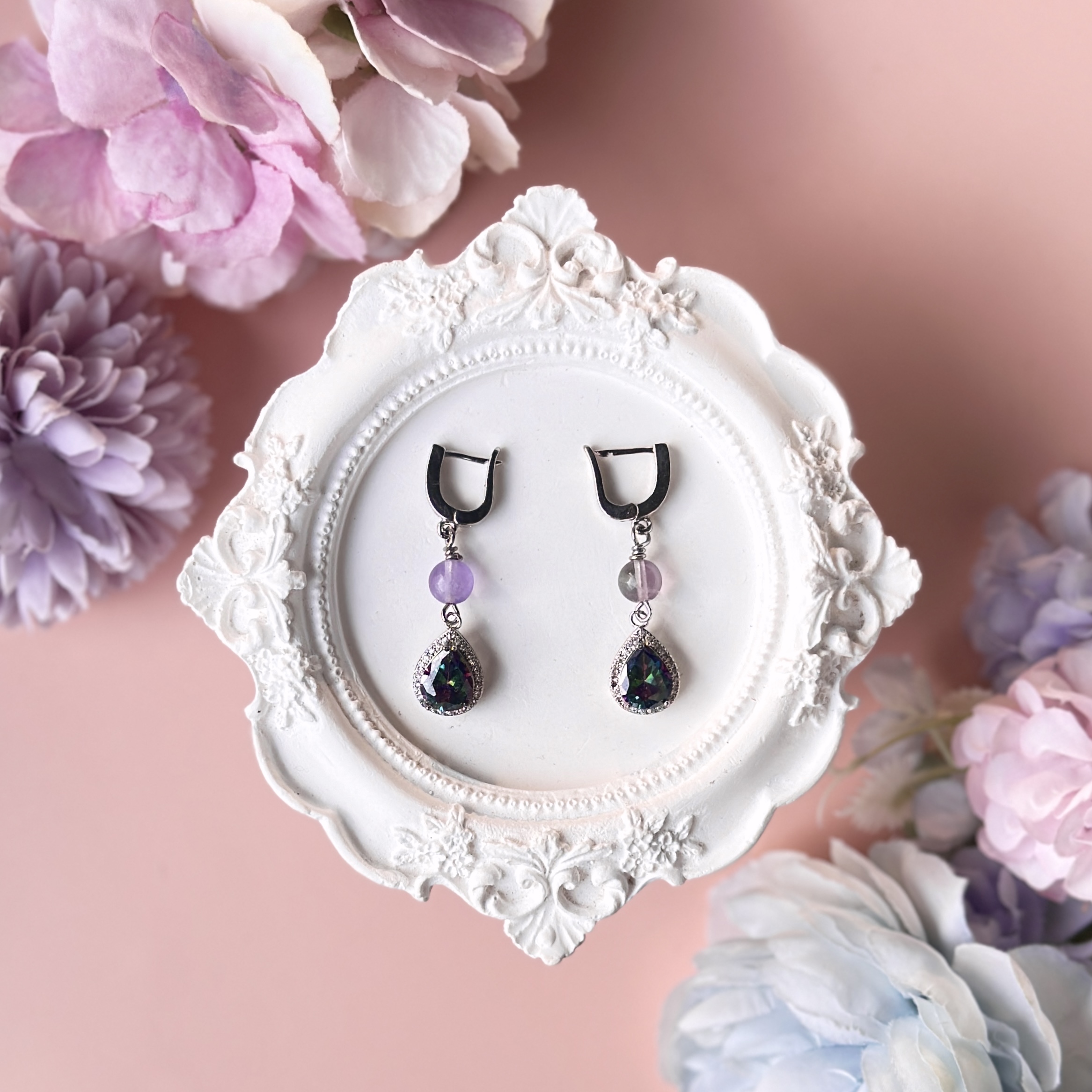 Amethyst with Fluorite and Moissanite Tear Drop Earrings