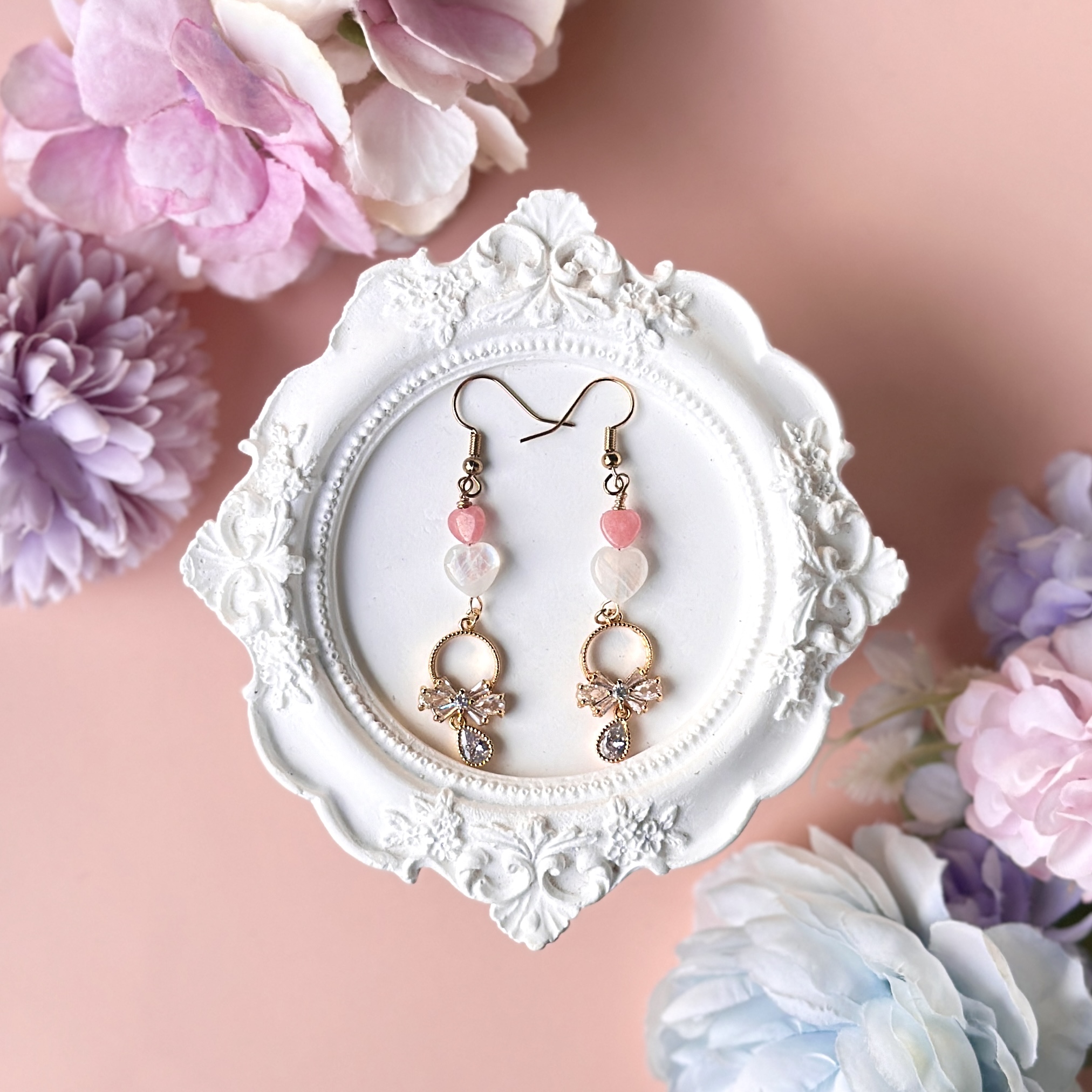 Blue Sheen Moonstone with Rhodochrosite Heart and Ribbon Wreath Earring