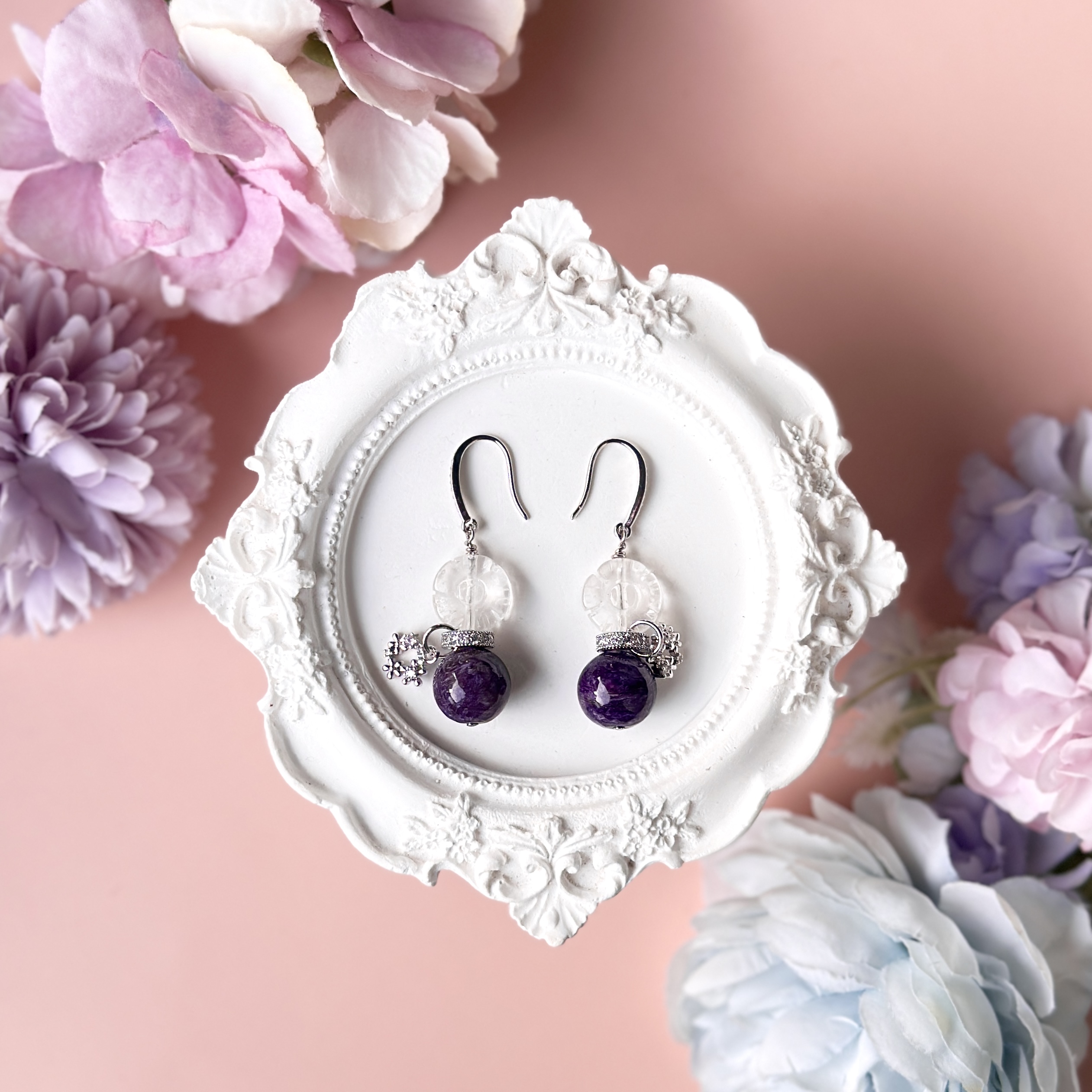 Clear Quartz Flower with Charoite Earring 