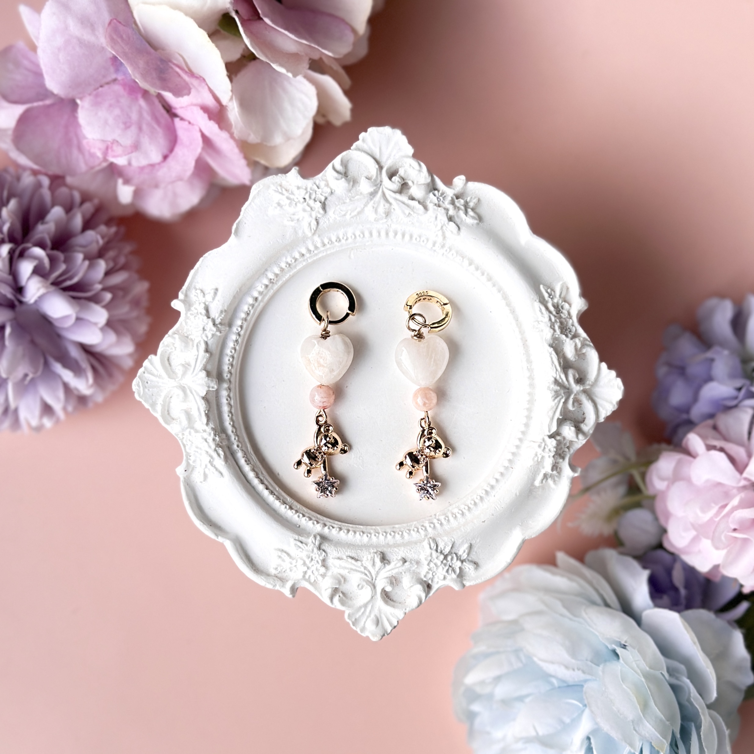White Phantom Heart with Sakura Phantom and Gold Teddy Charm Earring