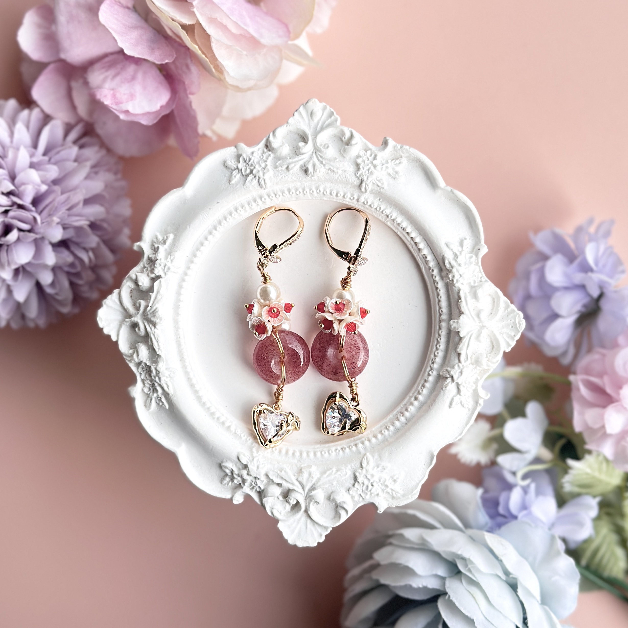 Strawberry Quartz Donut with Red Crystals and Moissanite Dangling Heart Earring