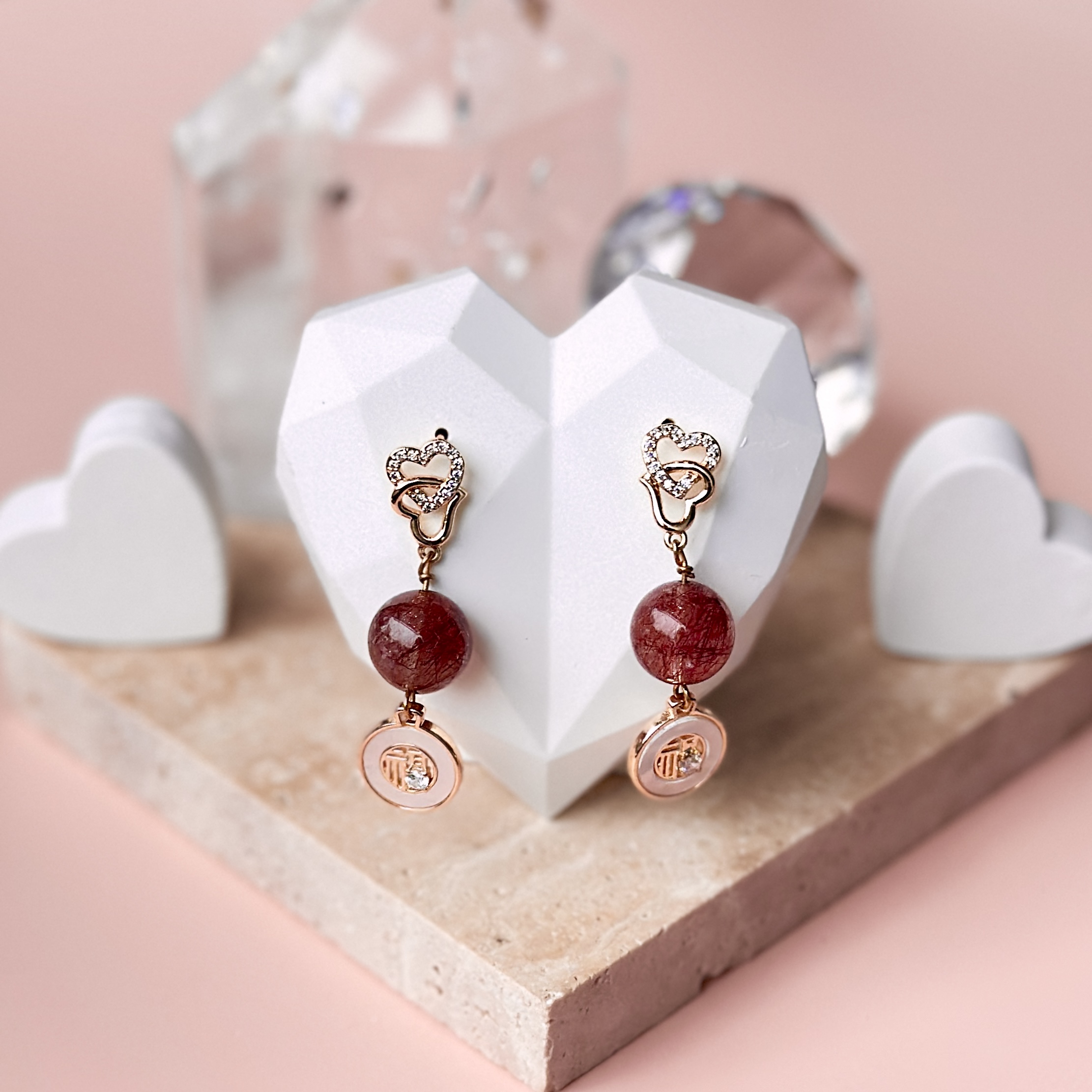 Longevity Red Copper Rutile with Double Heart Studs