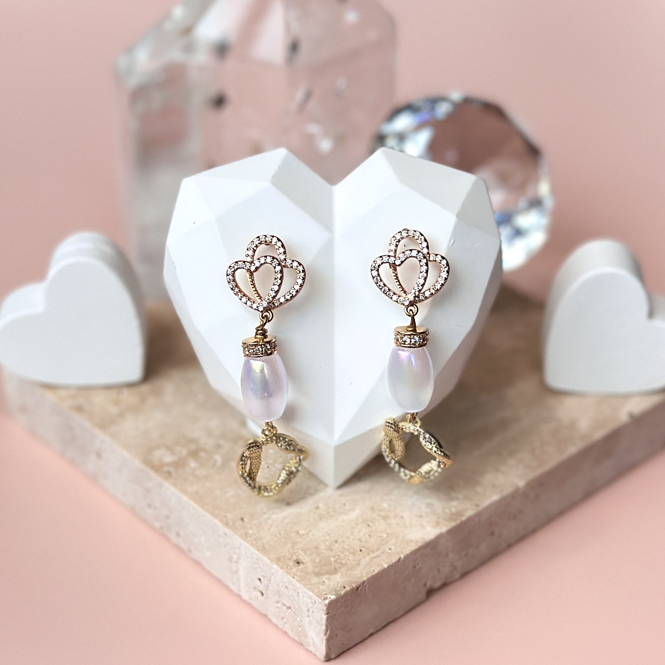 Double Heart Studs with Snake and Pearl Like Selenite