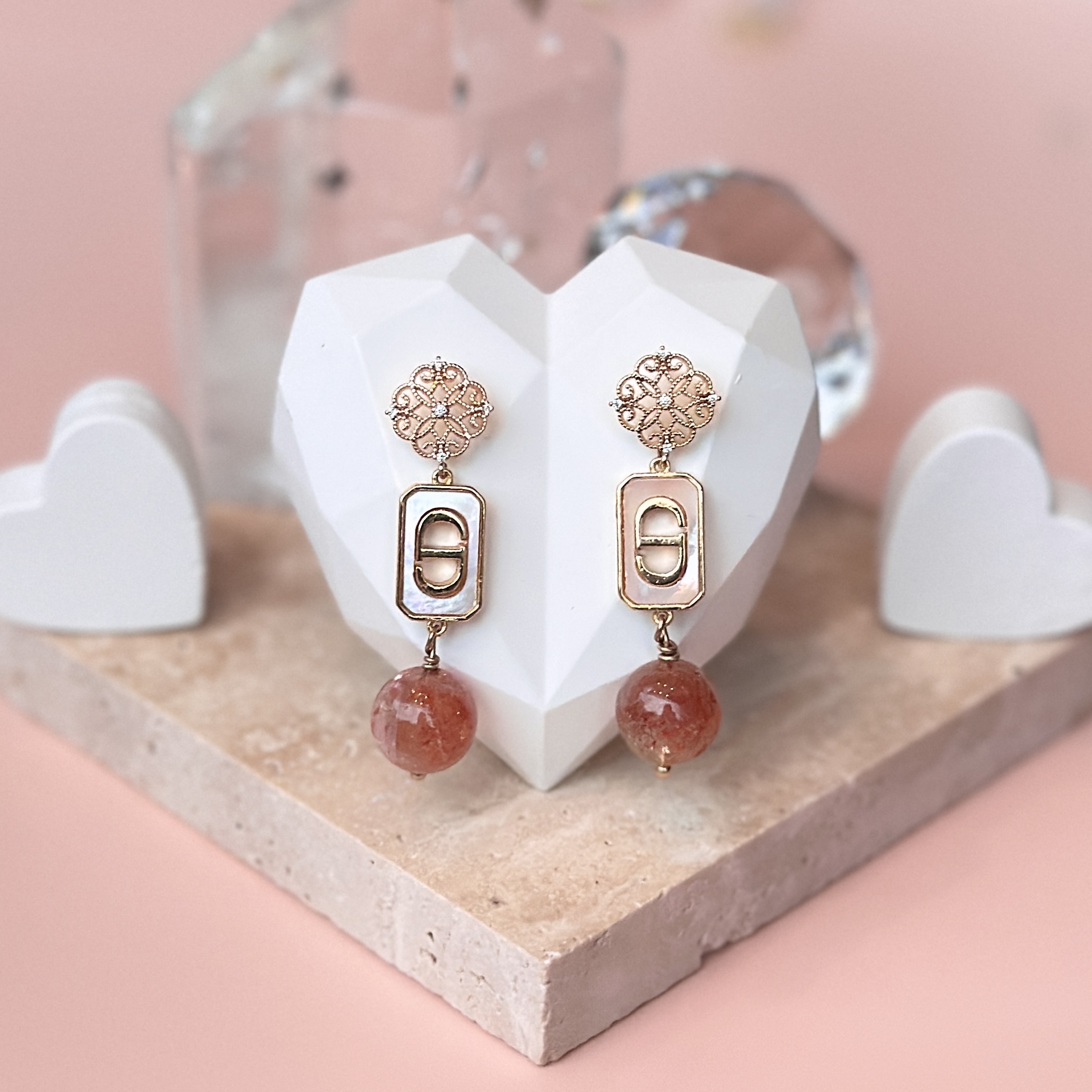 Oriental Confetti Sunstone with White Shell Pearl Knot