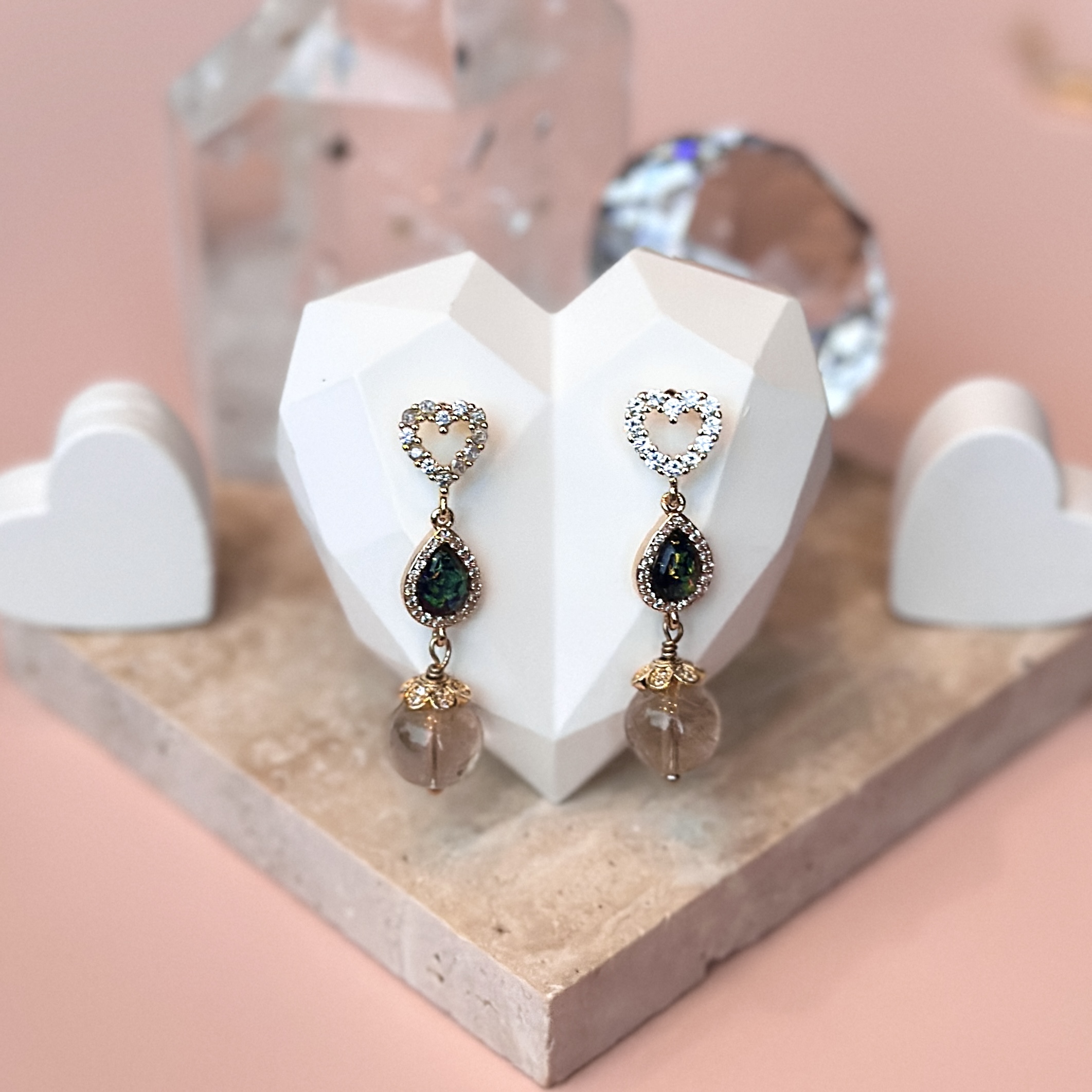 Bronze Rutile with Heart Studs and Black Rainbow Tear Drop 