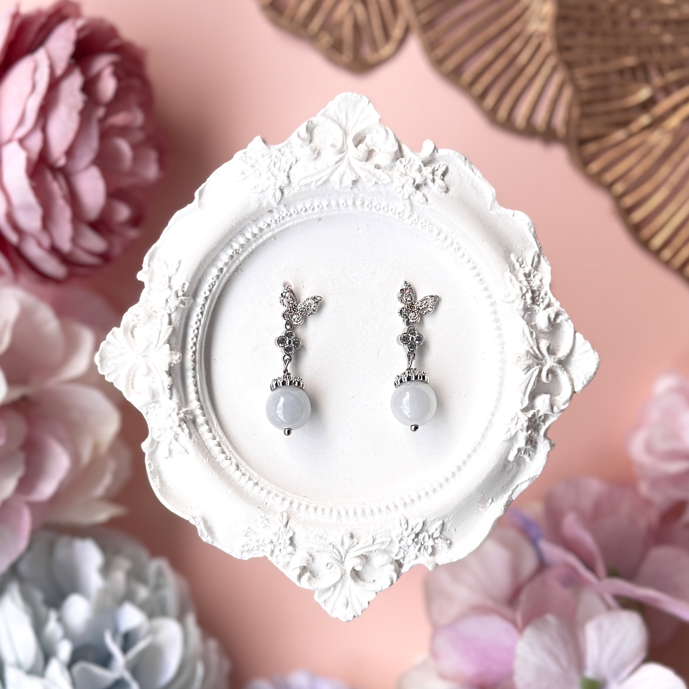 Sky Blue Jade with Clover and Butterfly Studs