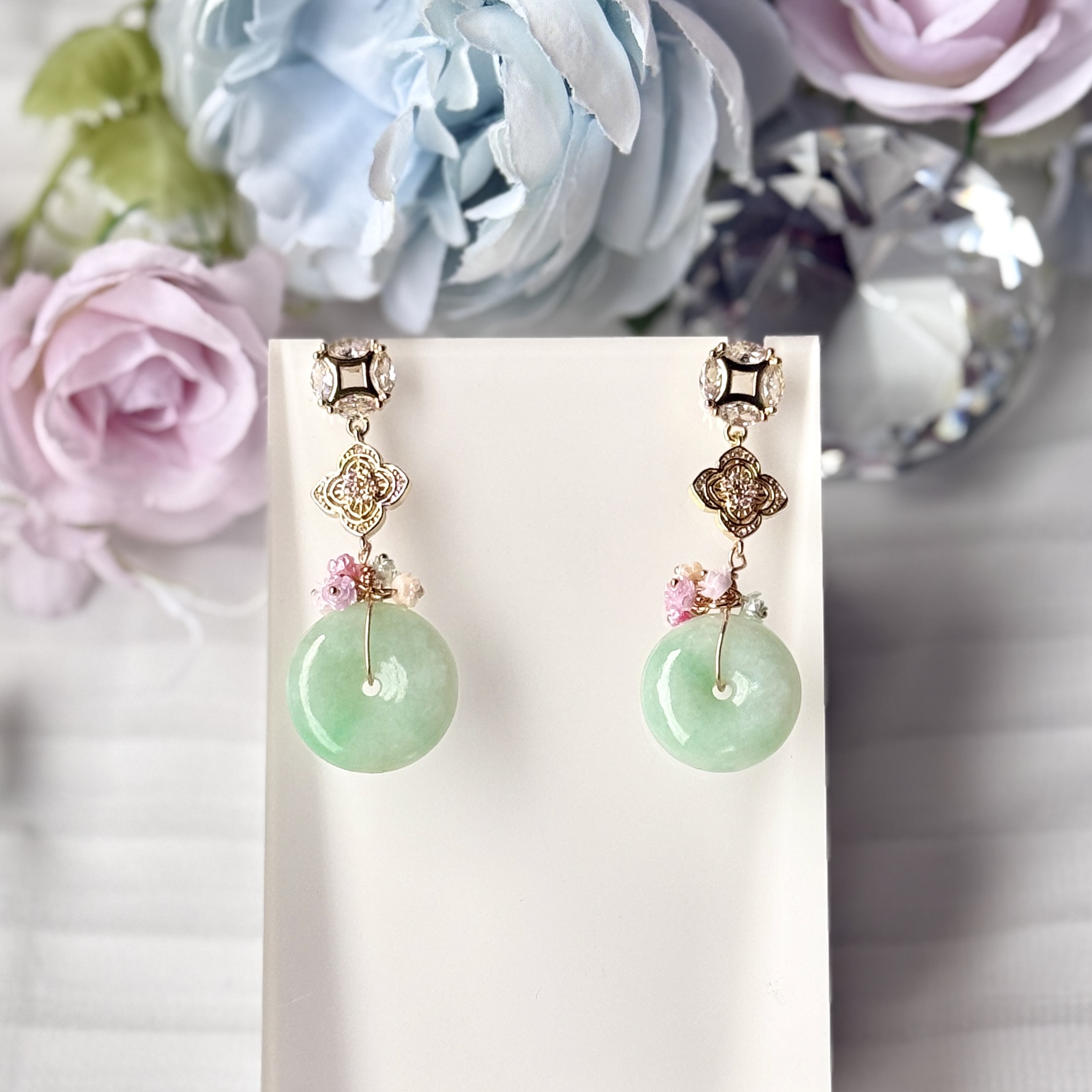 Jadeite Flo Donut & Double Longevity Coin Studs with Ombre Rainbow Cluster Mini Rose
