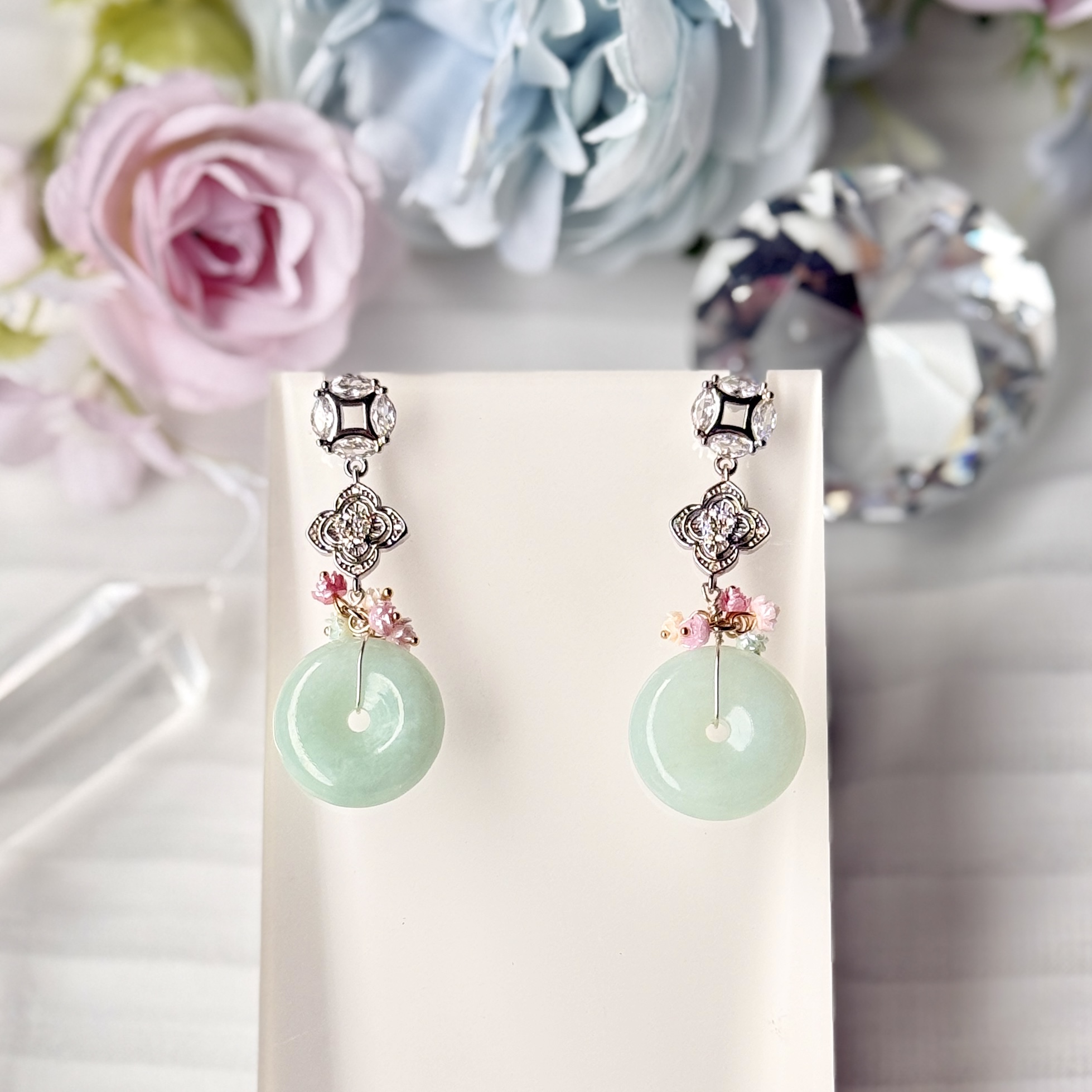 Jadeite Flo Donut & Double Longevity Coin Studs with Ombre Rainbow Cluster Mini Rose