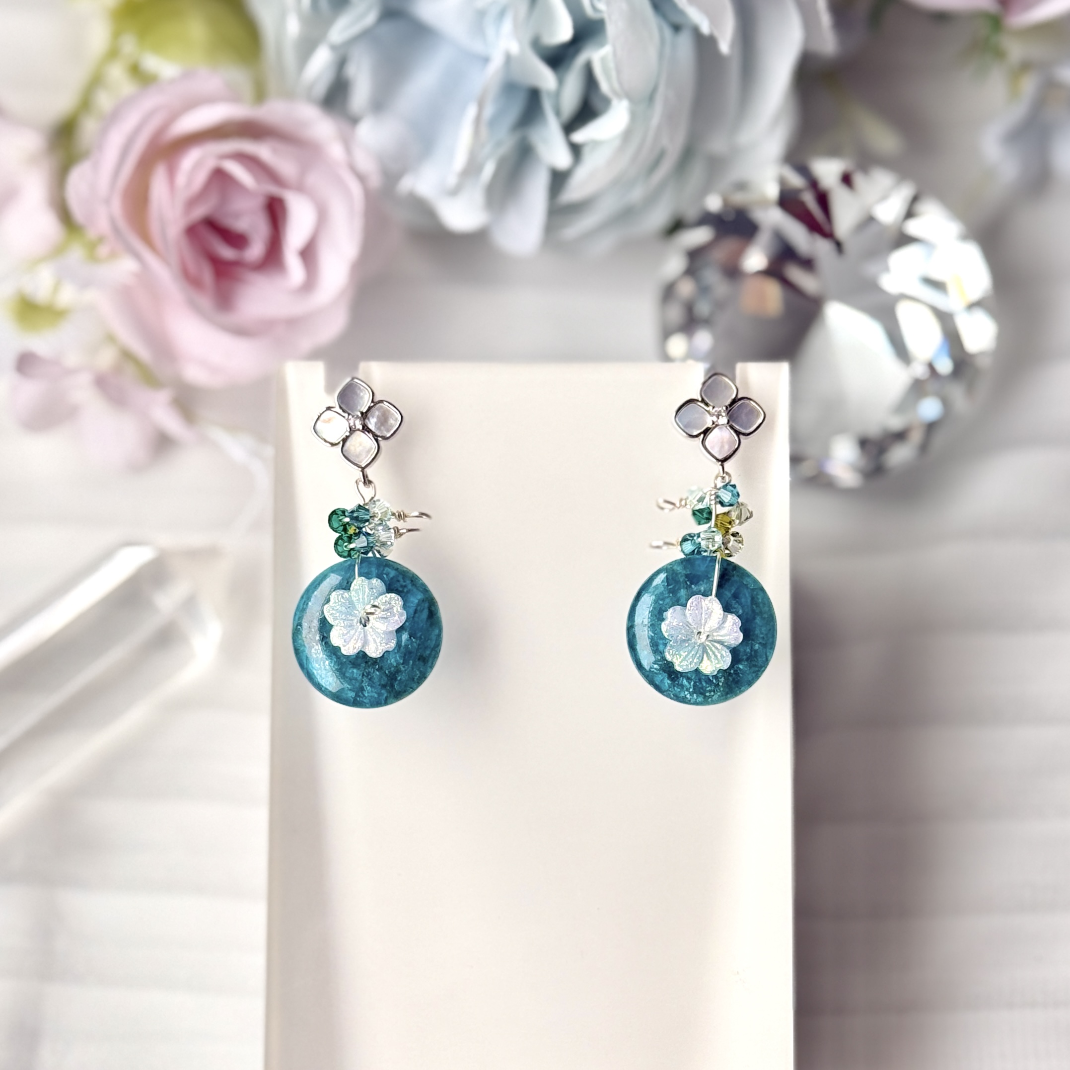 Apatite Flo Donut with Shell Pearl Clover Studs & Double Swaroski Cluster Earrings