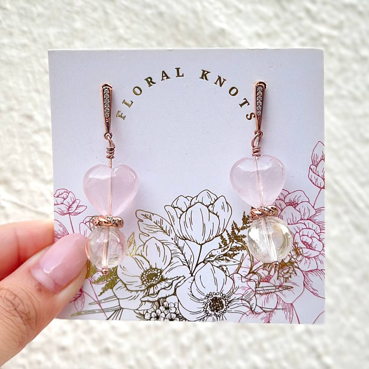 Heart Rose Quartz w Clear Quartz Drop Earrings