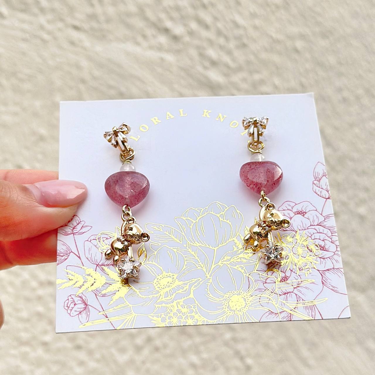 Coquette Strawberry Love Quartz w Bear Drop Earring