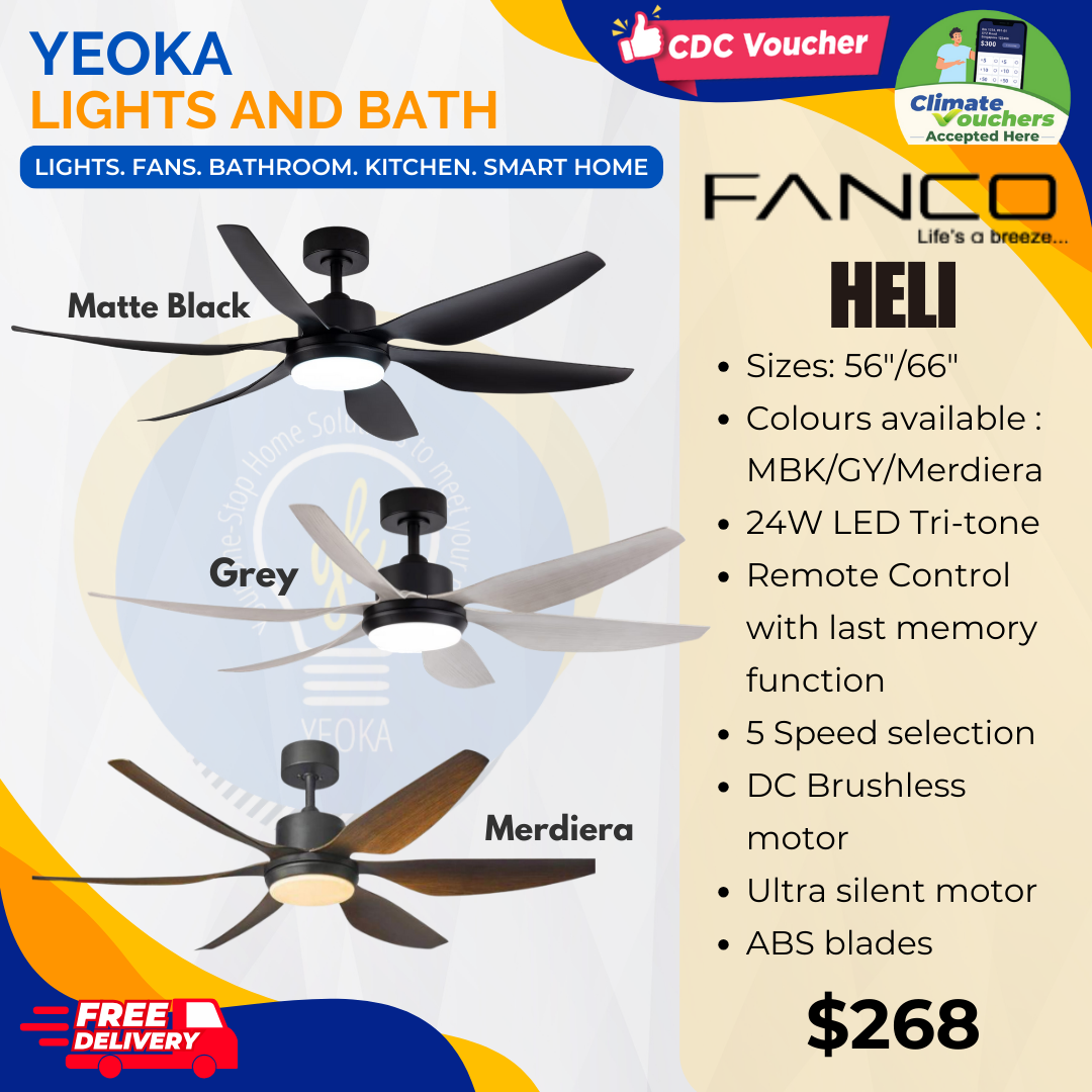 FANCO Ceiling Fan HELI DC Motor (56"/66') with 3 Tone LED Light Kit