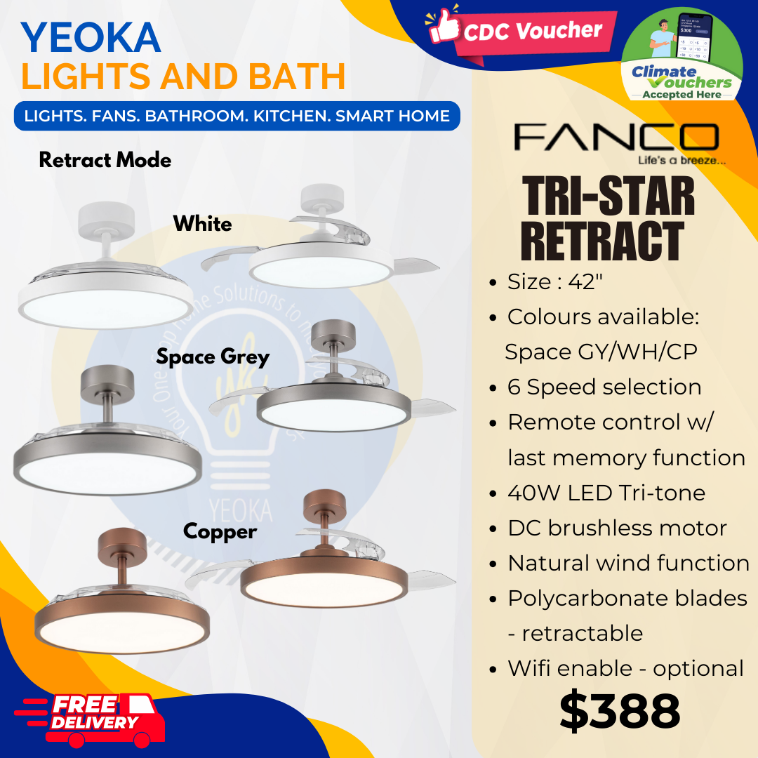 FANCO Tristar Retract Retractable Ceiling Fan with Bright 40W LED Tri-Colour Dimmable Light