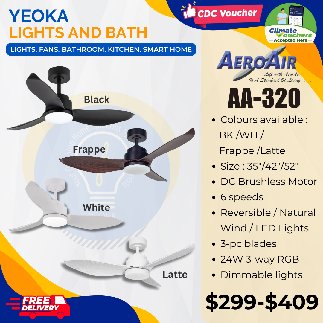 AEROAIR Ceiling Fan AA-320 DC Motor | (35"/46"/52') with 3 Tone LED Light Kit + Remote Control
