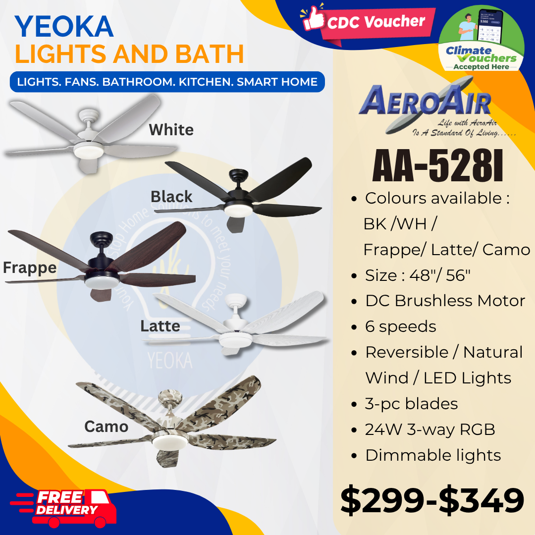 AEROAIR Ceiling Fan AA-528i DC Motor | (48"/56") with 3 Tone LED Light Kit + Remote Control
