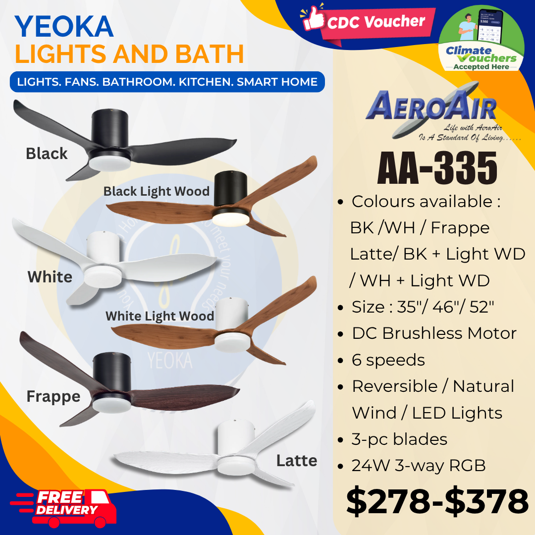 AEROAIR Ceiling Fan AA-335 DC Motor | (35"/46"/52') with 3 Tone LED Light Kit + Remote Control