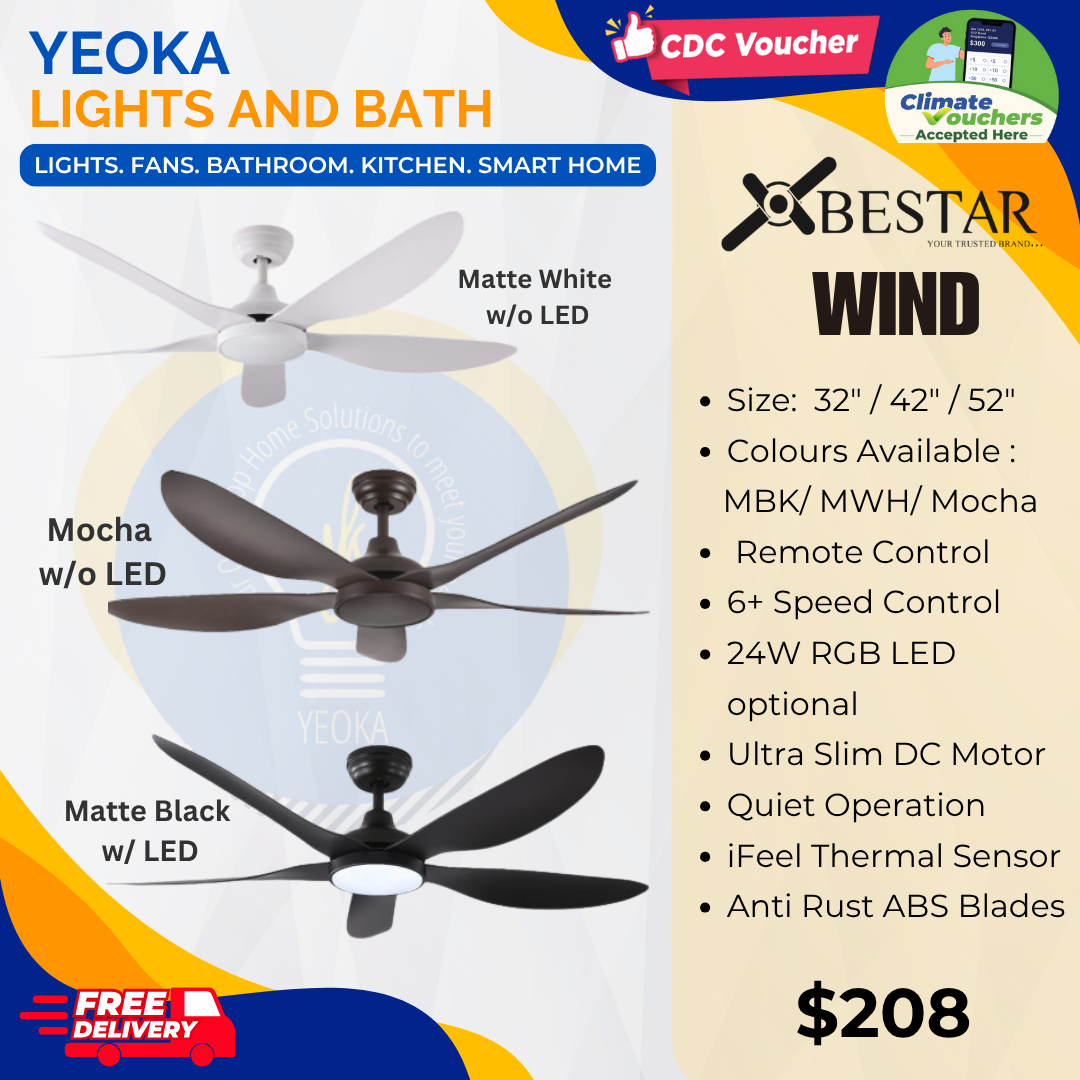 BESTAR Ceiling Fan Wind|32/42/52" 24W LED RGB|5 Blade 3 Colour