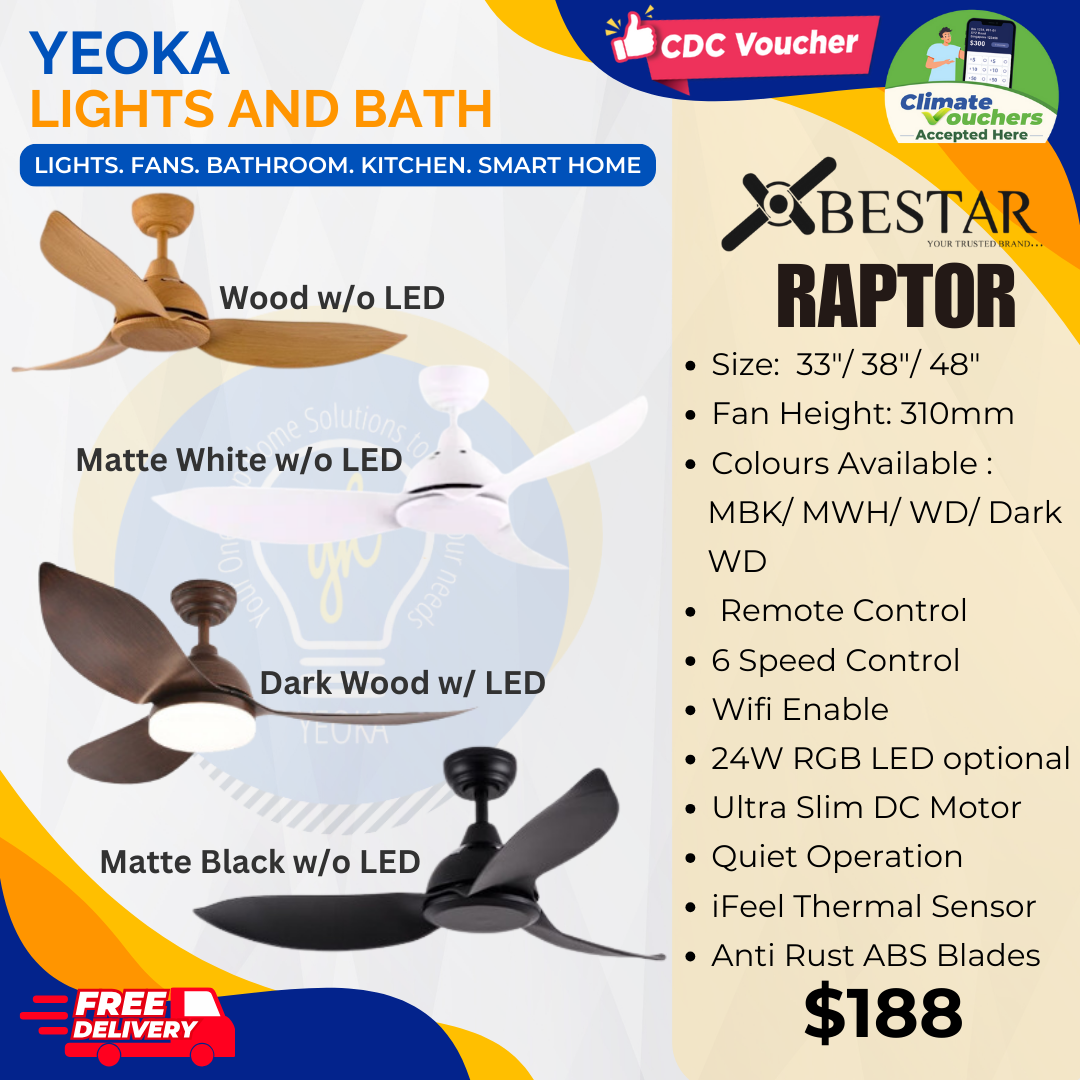 BESTAR Ceiling Fan Raptor |38/48/54"|24W LED 3 Lighting Colour