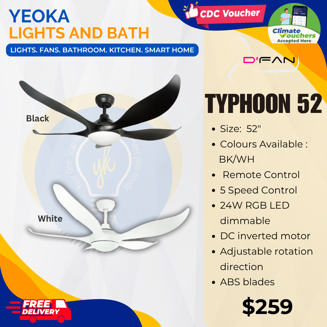 D'FAN Ceiling Fan TYPHOON 52 DC Motor (52') with Dimmable 3 Tone LED Light Kit