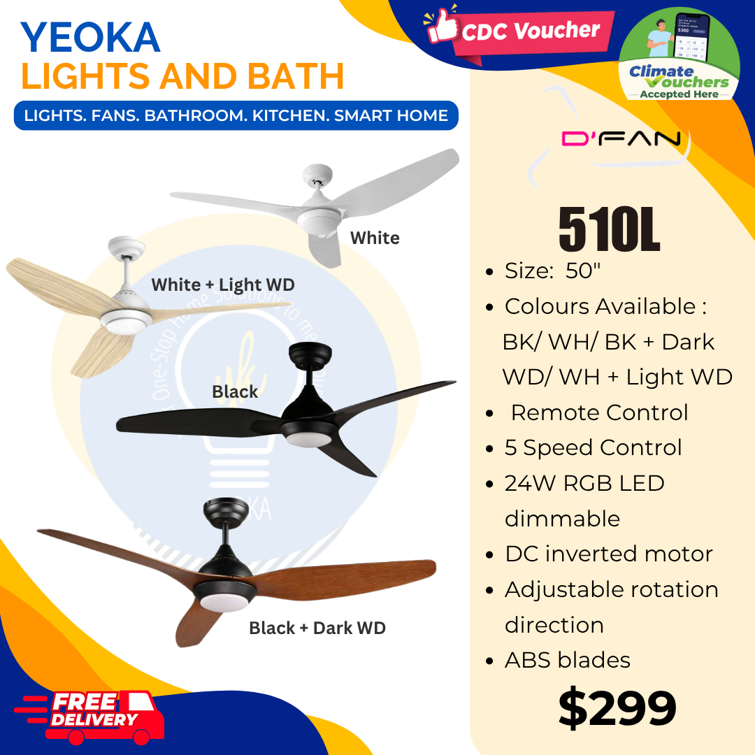 D'FAN Ceiling Fan 510L DC Motor (50') with Dimmable 3 Tone LED Light Kit