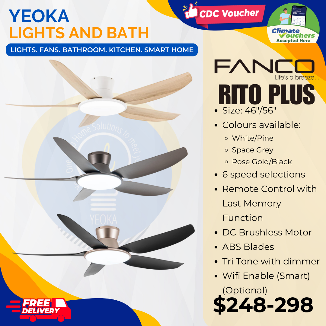 FANCO Ceiling Fan RITO PLUS DC Motor (46"/56") with 3 Tone LED Light Kit + SMART WIFI Control (Optional)