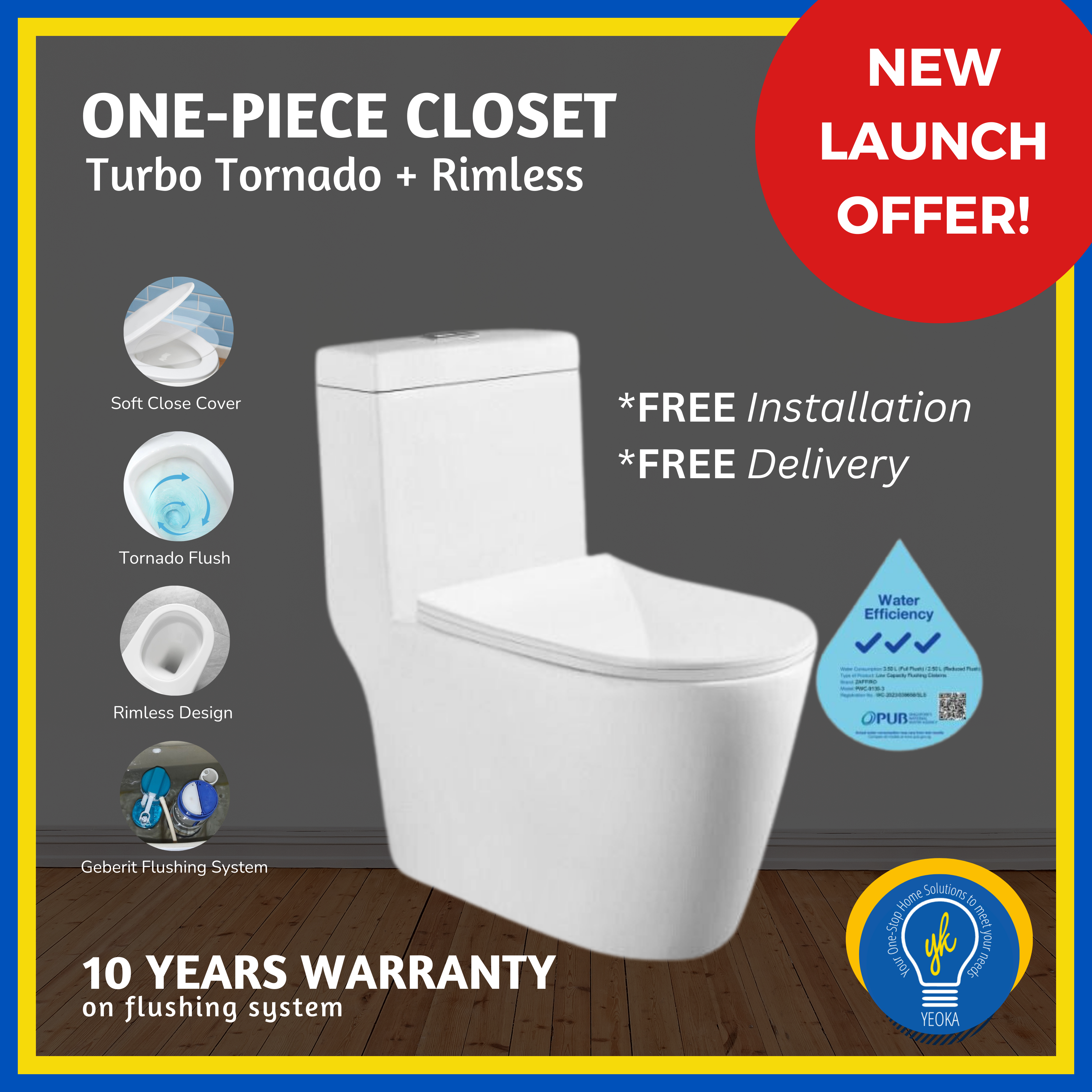 One-Piece Rimless (U-Shape) + Turbo Tornado Toilet Bowl