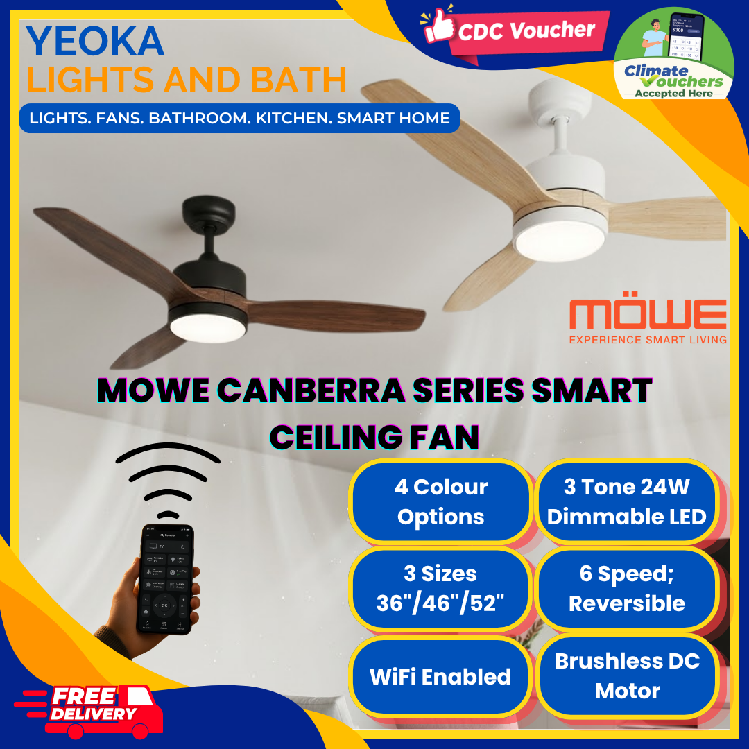 [FREE INSTALLATION] MOWE Canberra Smart Ceiling Fan | DC Motor | 24W Dimmable 3 Tone LED Light | 36"/46"62"