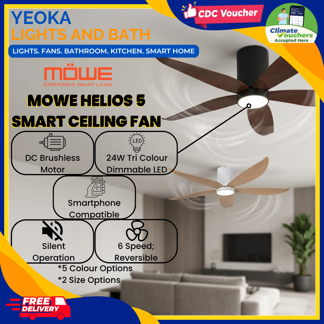 [FREE INSTALLATION] MOWE Helios 5 Smart Ceiling Fan | DC Motor | Dimmable 3 Tone LED Light | 48"/54"