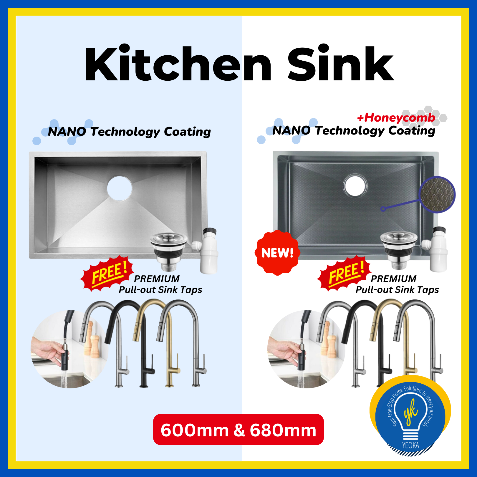 SUS304 NANO Technology Coating + Honeycomb Kitchen Sink (600mm/680mm) FOC Pull-out Sink Tap