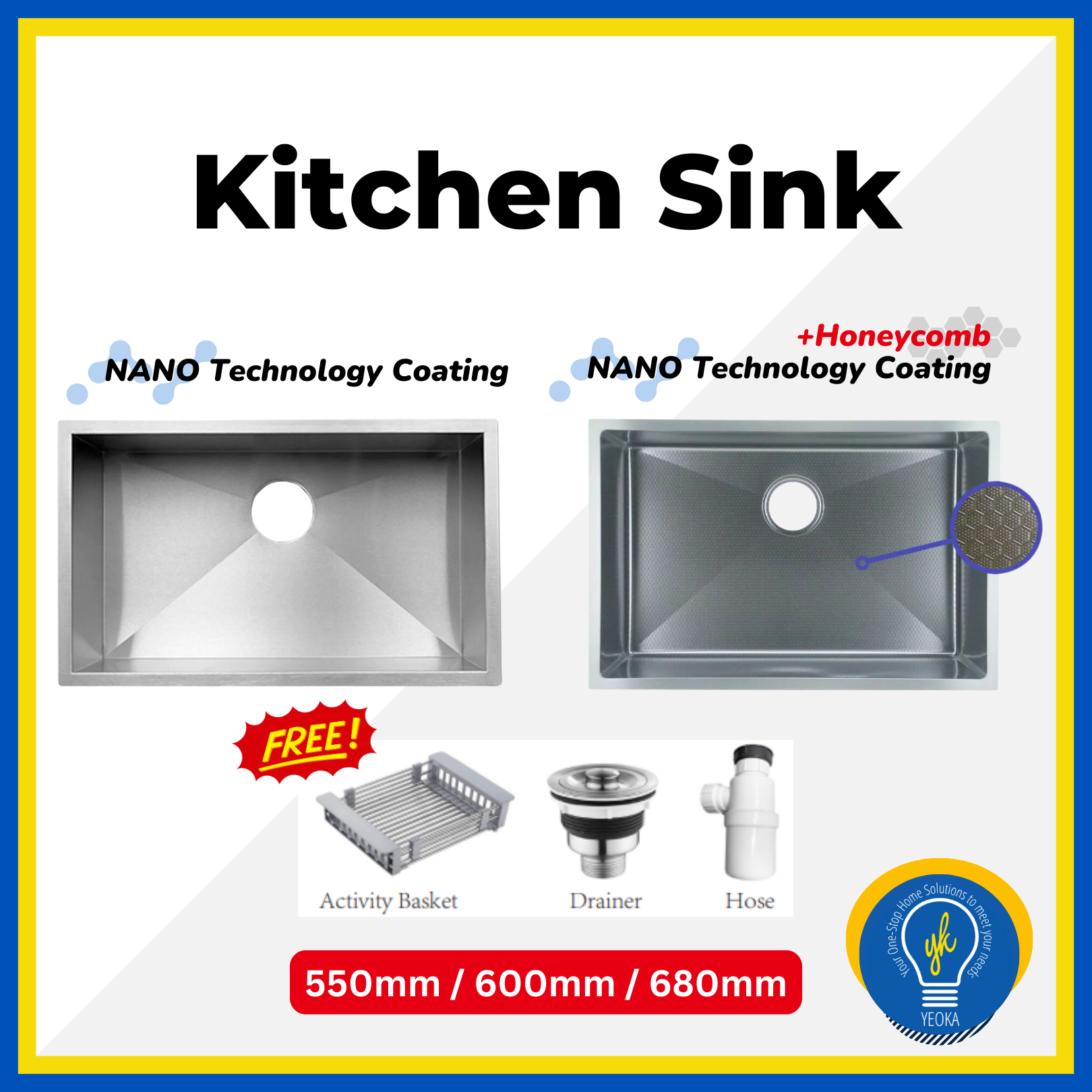 Dycorra Nano Technology Coating + Honeycomb Kitchen Sink (550mm/600mm/680mm)