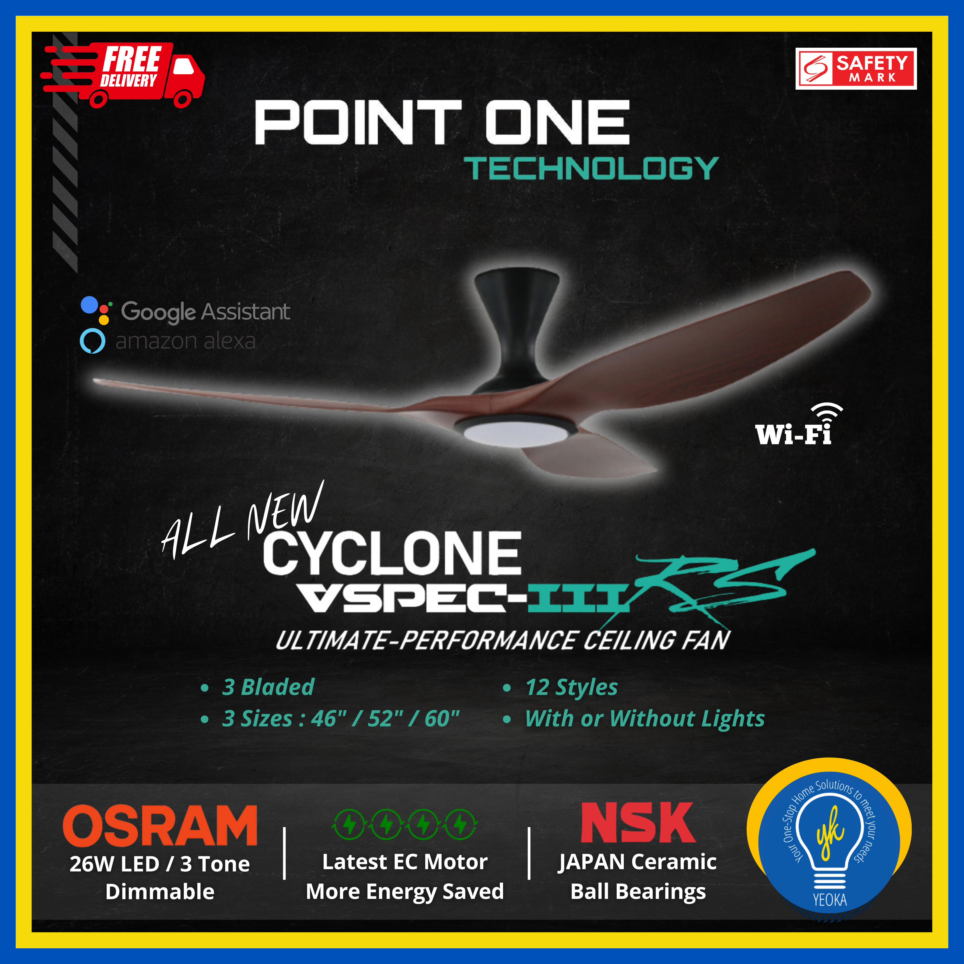 Point One Technology Cyclone VSPEC-lll RS 3 Blades (46"/52"/60") SMART Ceiling Fan