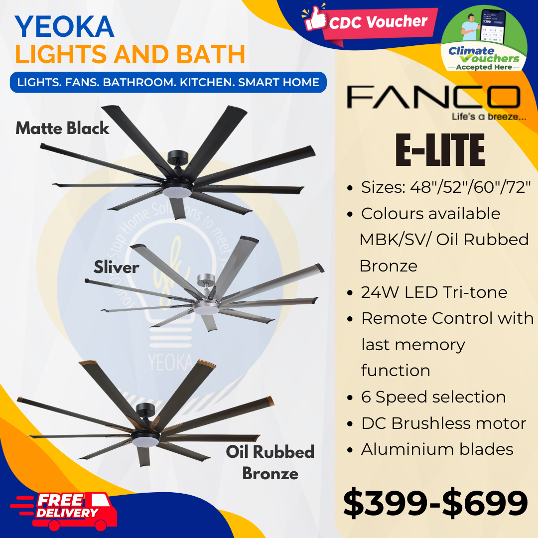 FANCO Ceiling Fan E-LITE DC Motor (48"/52"/60"/72") with 3 Tone LED Light Kit