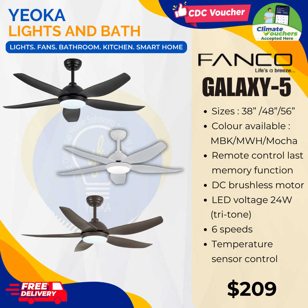 FANCO Ceiling Fan GALAXY 5 DC Motor (38"/48"/56') with 24W 3 Tone LED Light Kit