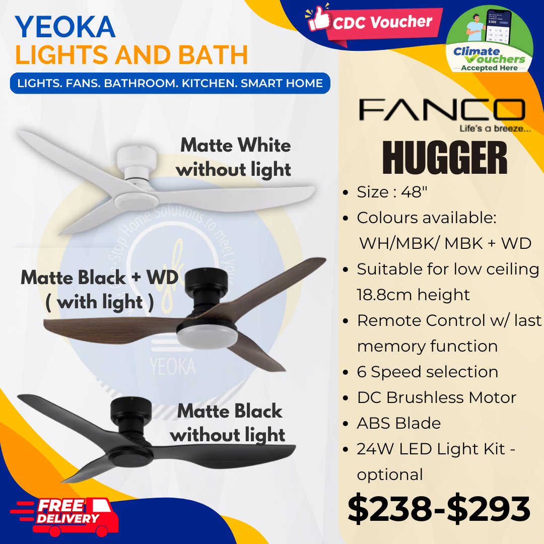 FANCO Ceiling Fan HUGGER DC Motor (48") with 3 Tone LED Light Kit